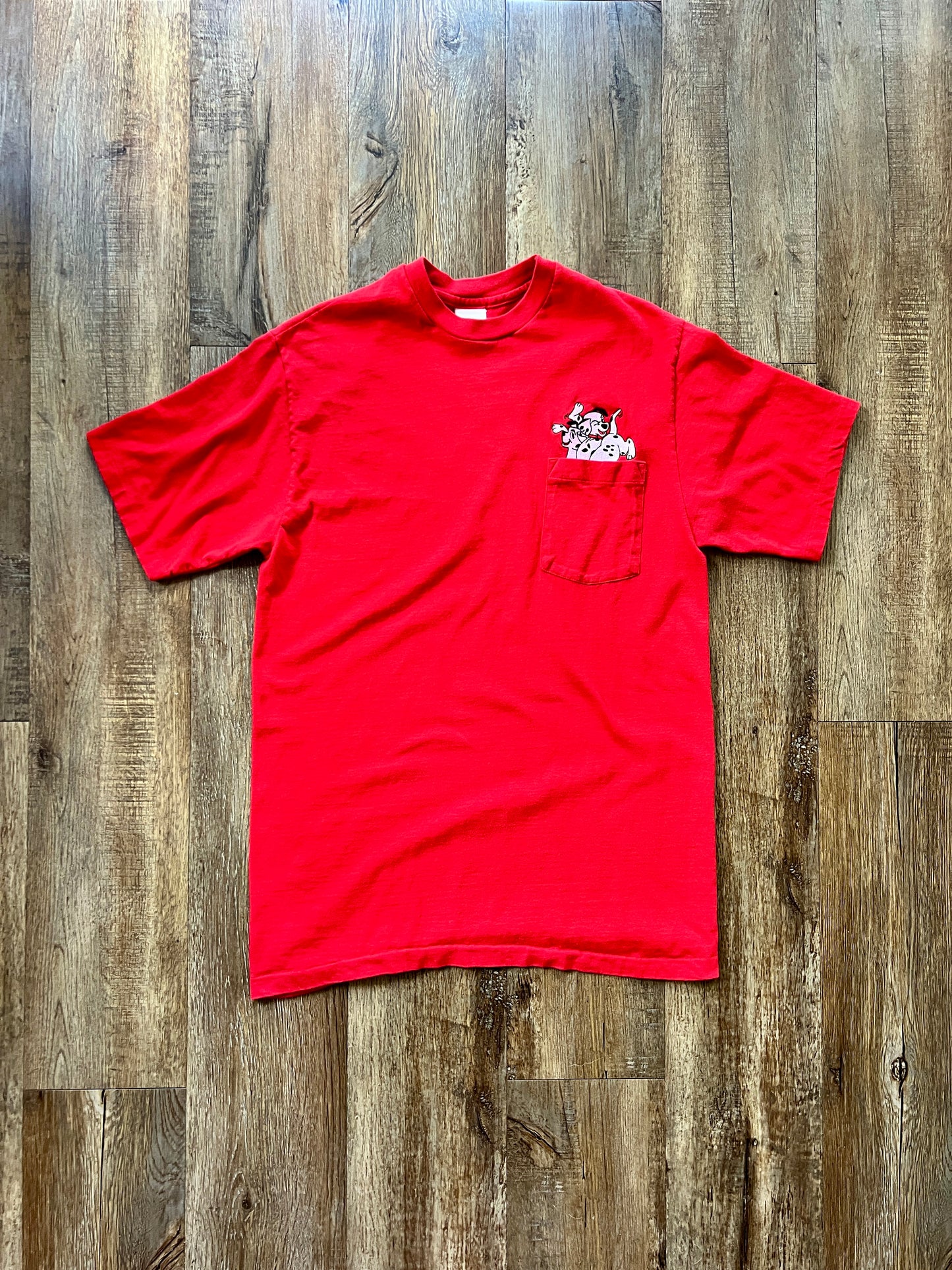 142 -Red Embroidered 3 Pups 101 Dalmatians Pocket Tee - L