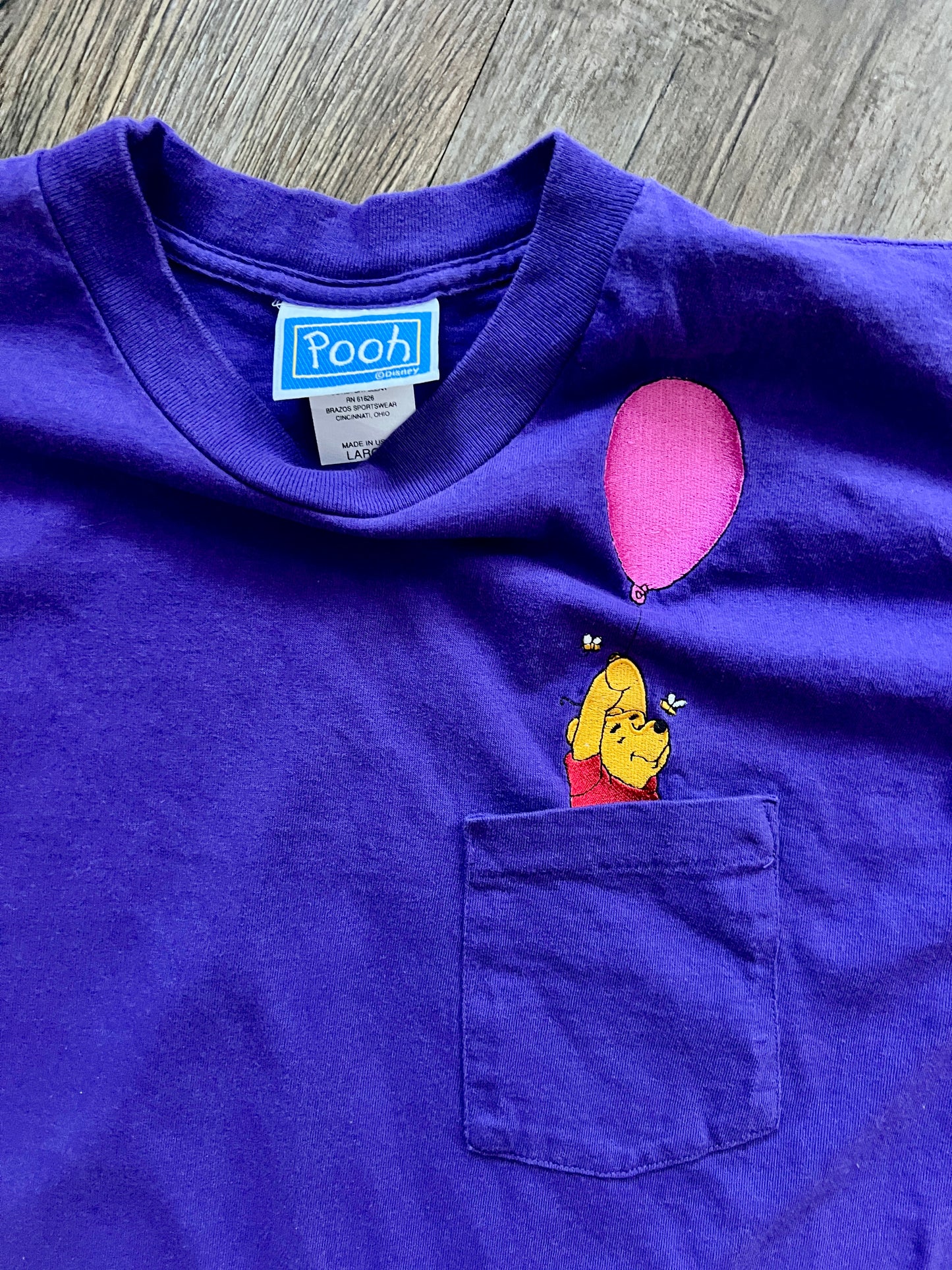 587 -Purple Embroidered WTP Balloon & Bees Pocket Tee - L