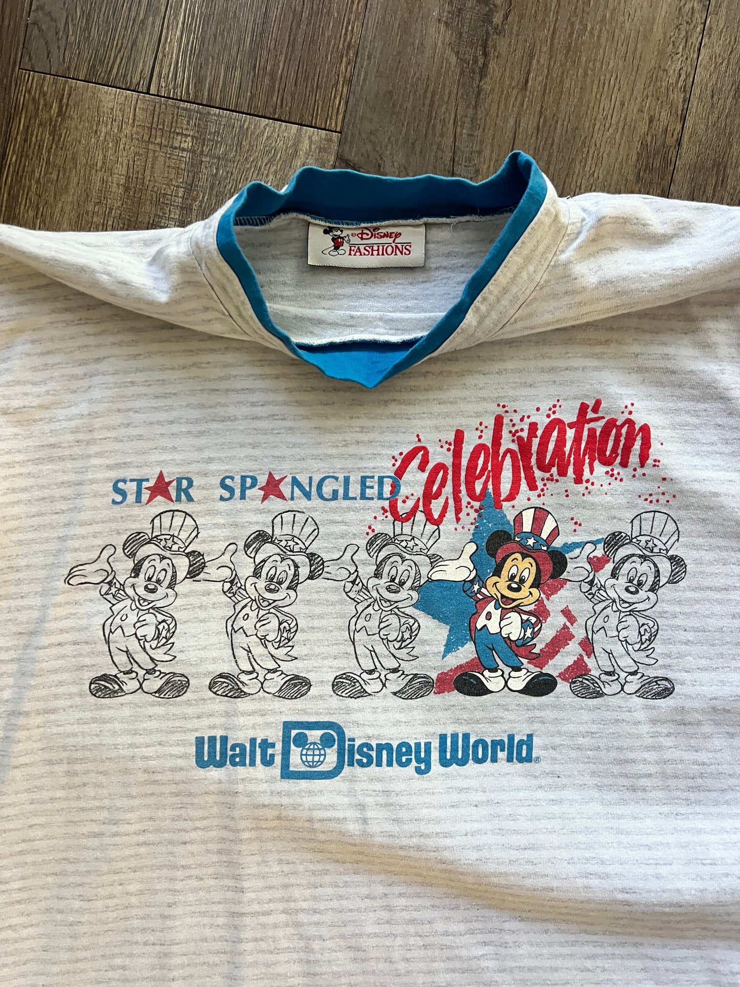 634 -Grey Striped Star Spangled Celebration Mickey WDW Logo Tee