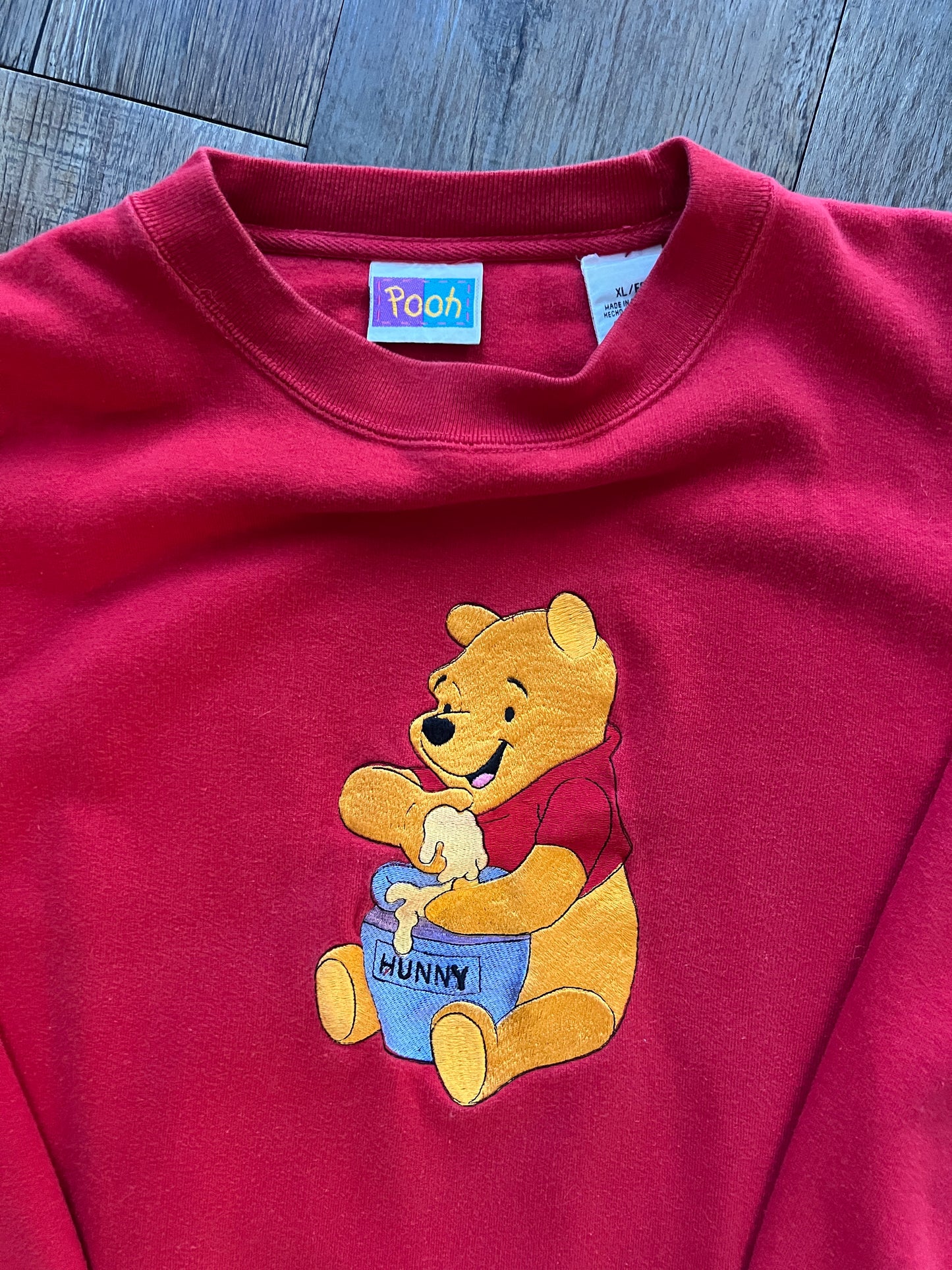 639 -Red Embroidered WTP Eating Hunny Crewneck - XL