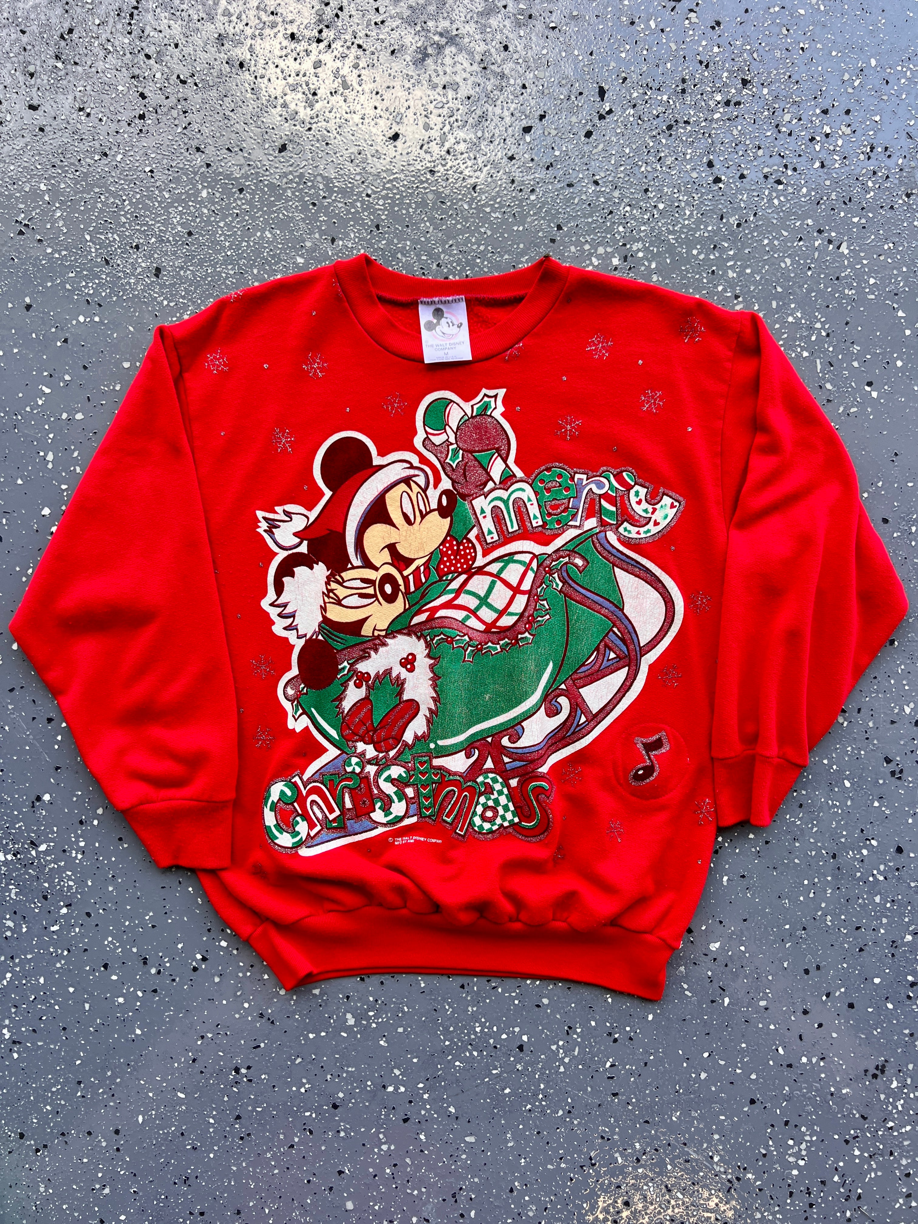 1489 - Red Santa Mickey & Minnie Merry Christmas Sleigh Crewneck - M