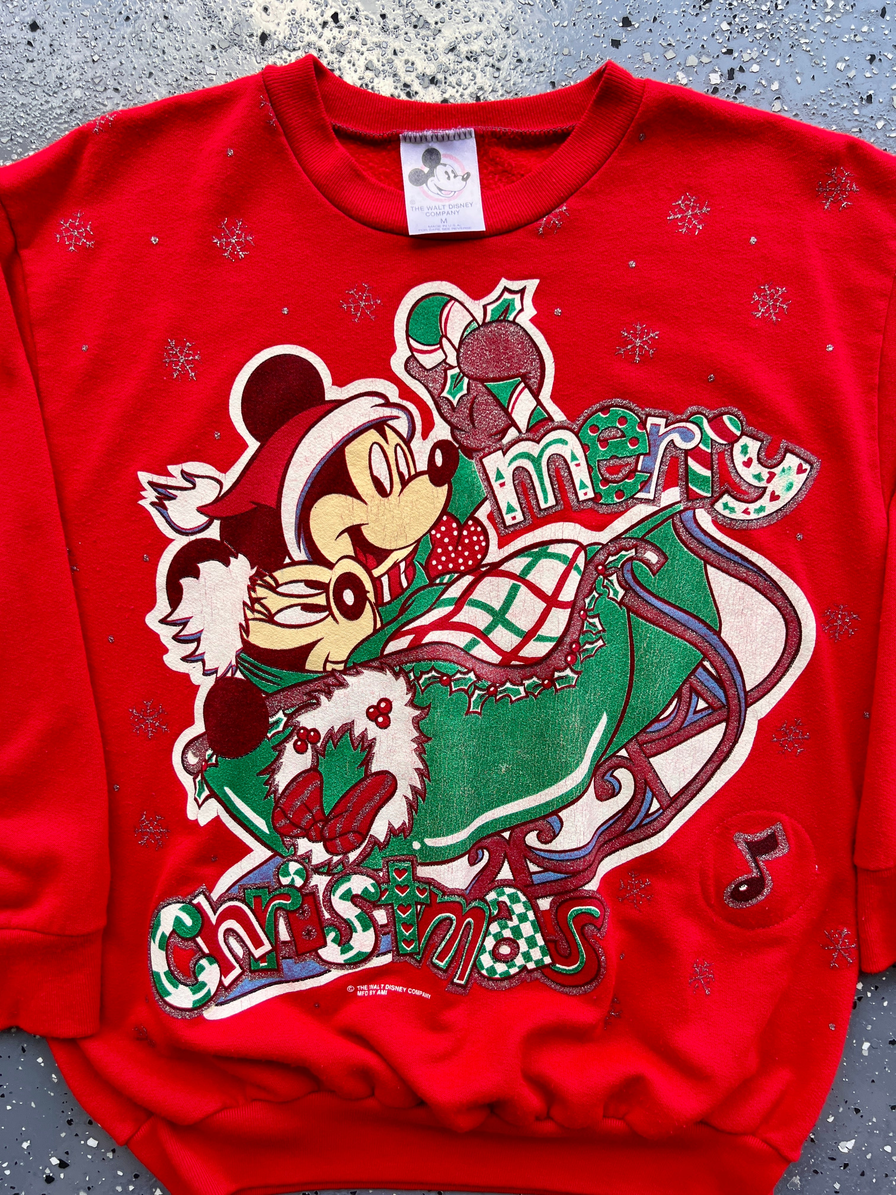1489 - Red Santa Mickey & Minnie Merry Christmas Sleigh Crewneck - M