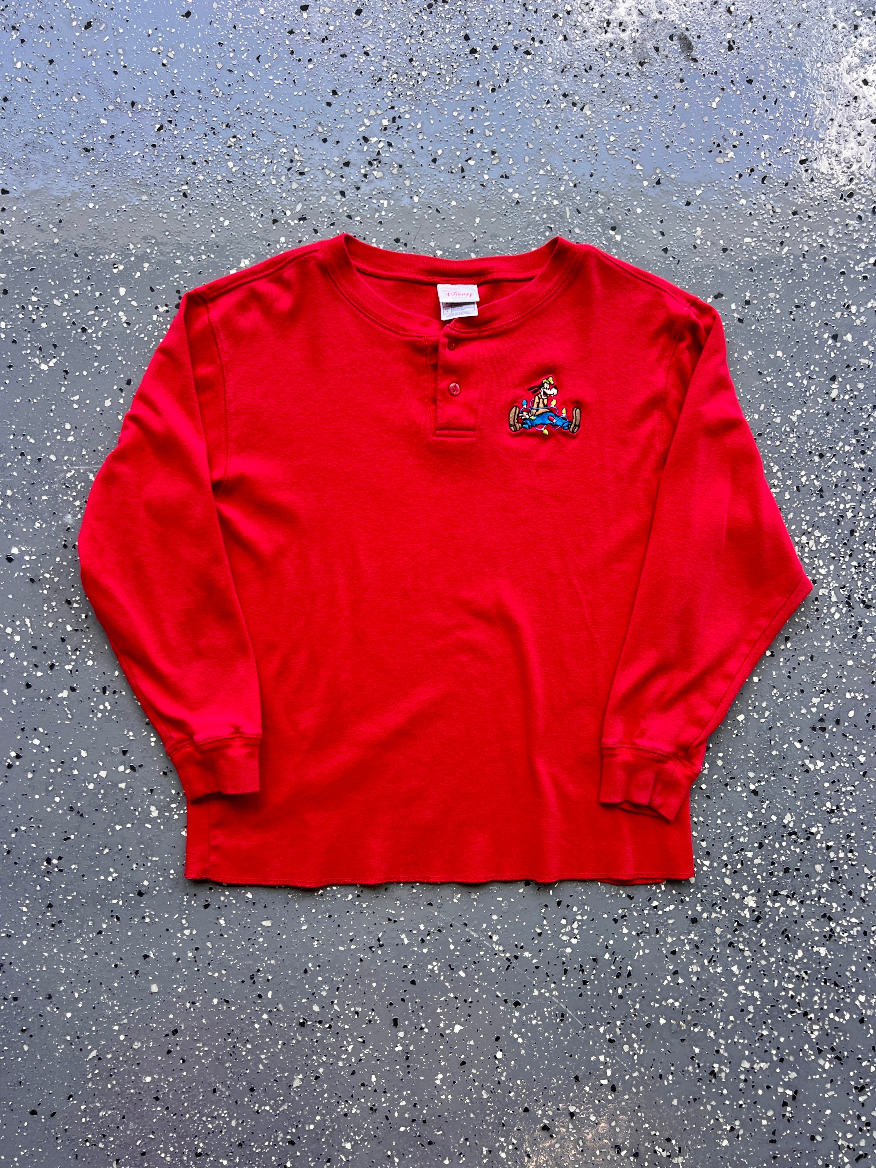 1491 - Red Embroidered Goofy Christmas Lights Henley - S