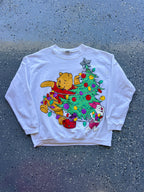 1513 - White Winnie the Pooh & Piglet Christmas Tree Lights Crewneck - XL