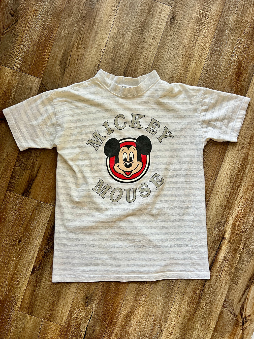 862 - White & Grey Striped Mickey Mouse Face Shirt - XL