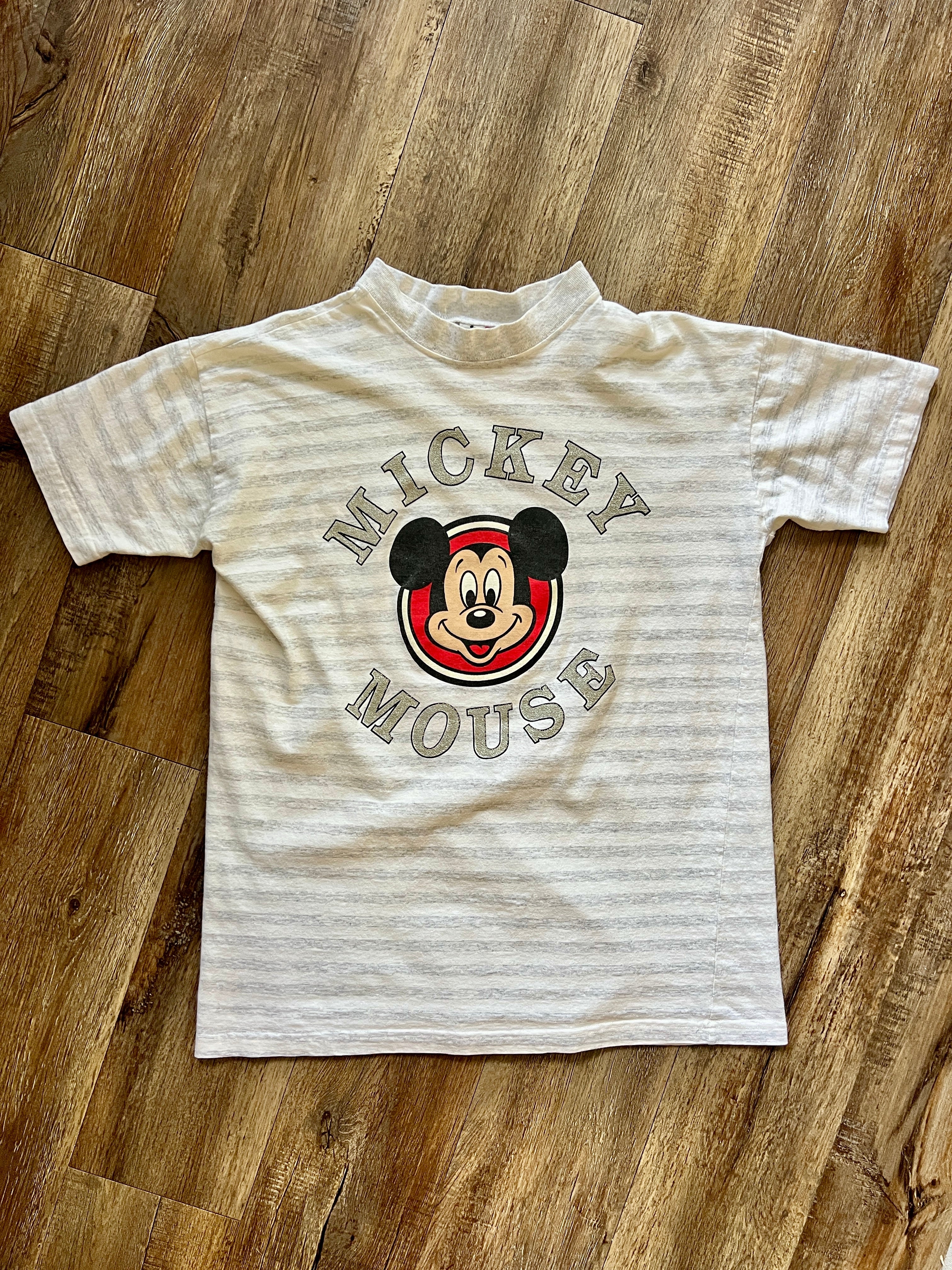 862 - White & Grey Striped Mickey Mouse Face Shirt - XL