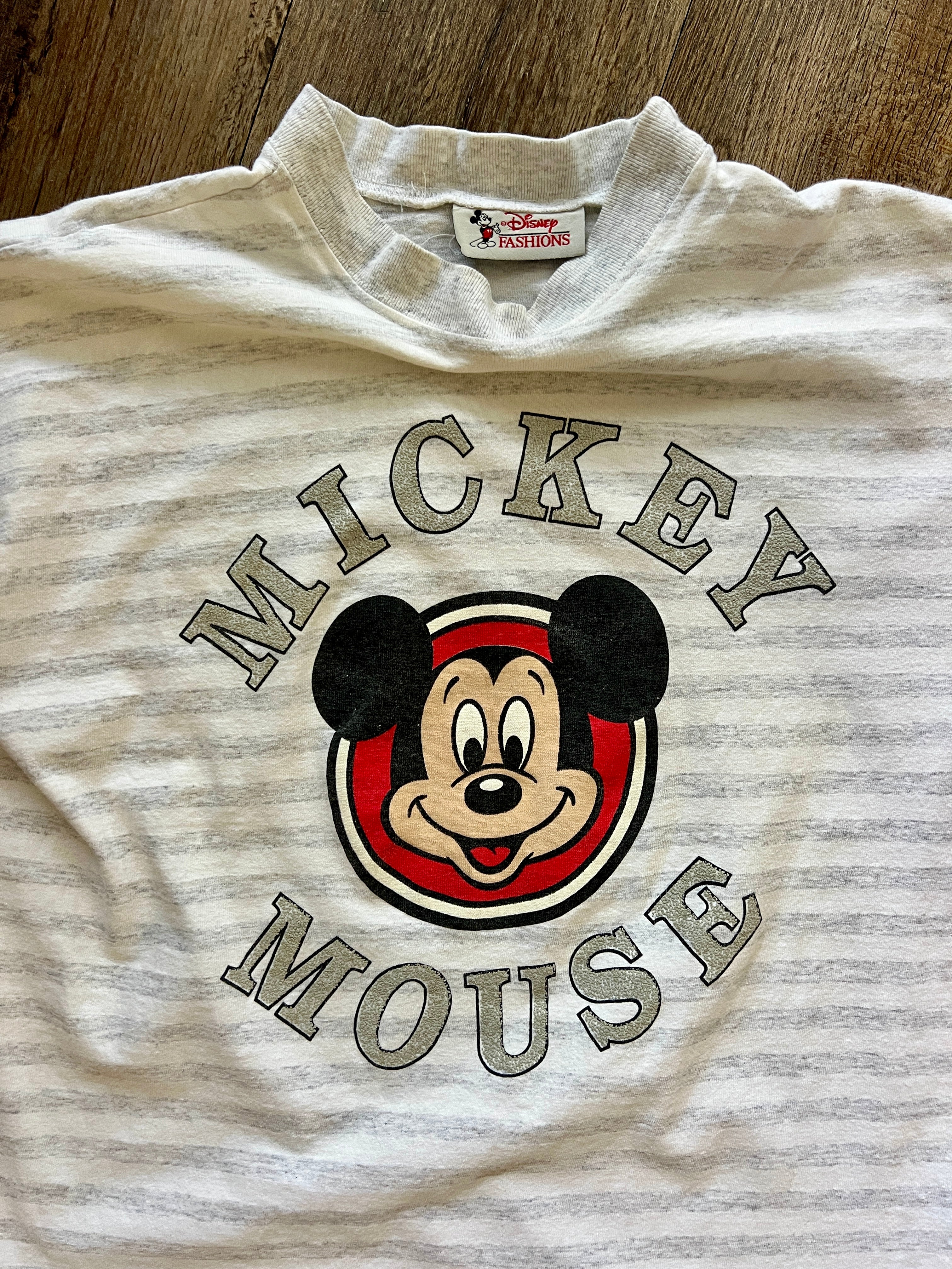 862 - White & Grey Striped Mickey Mouse Face Shirt - XL
