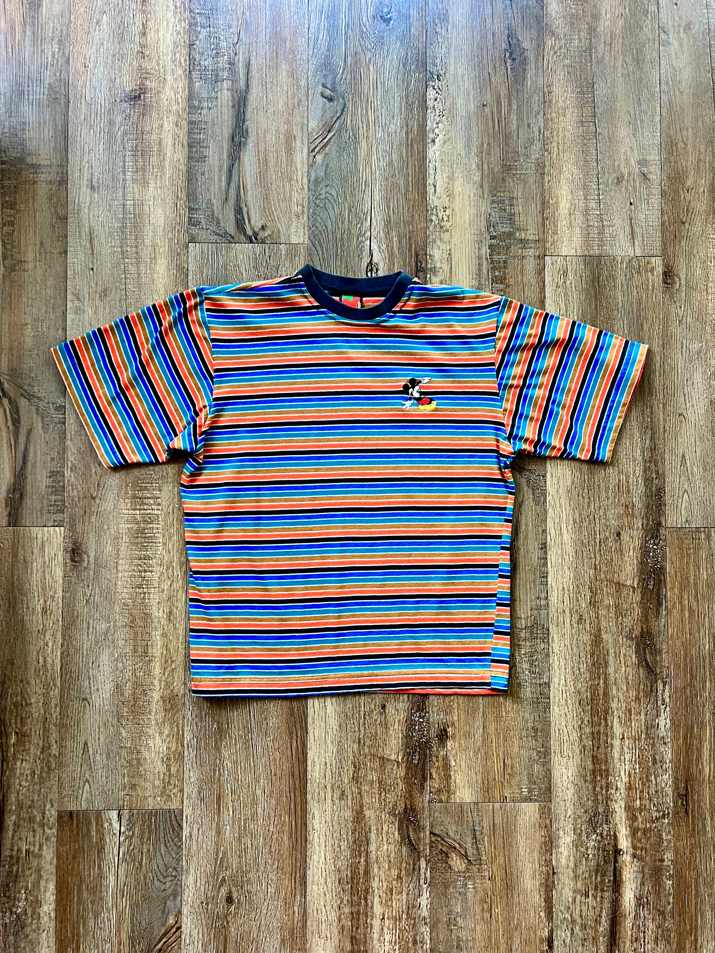 136 -Blue Orange Brown Striped Embroidered Mickey Tee - S