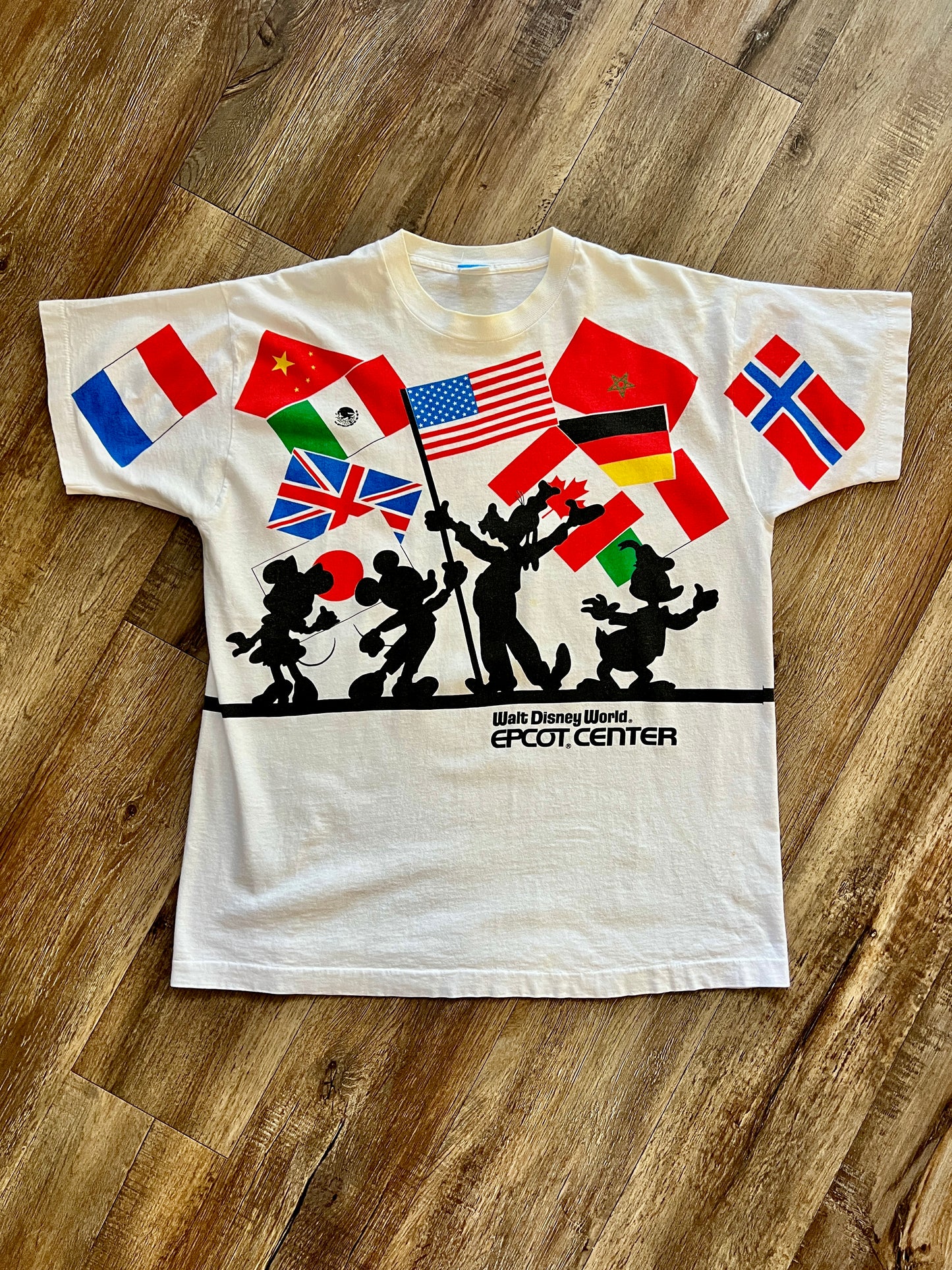 896 -White Mickey & Friends Silhouette EPCOT Center Front & Back Hit Shirt - OSFA