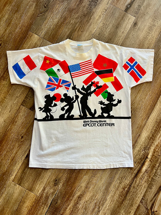 896 -White Mickey & Friends Silhouette EPCOT Center Front & Back Hit Shirt - OSFA