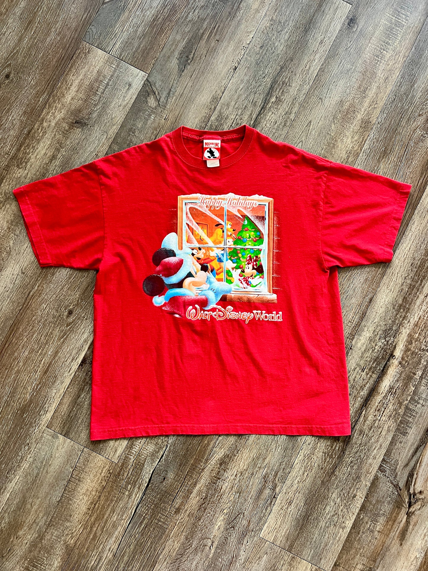 900 - Red Happy Holidays Window WDW Logo Shirt - L
