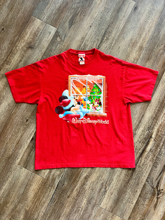 900 - Red Happy Holidays Window WDW Logo Shirt - L