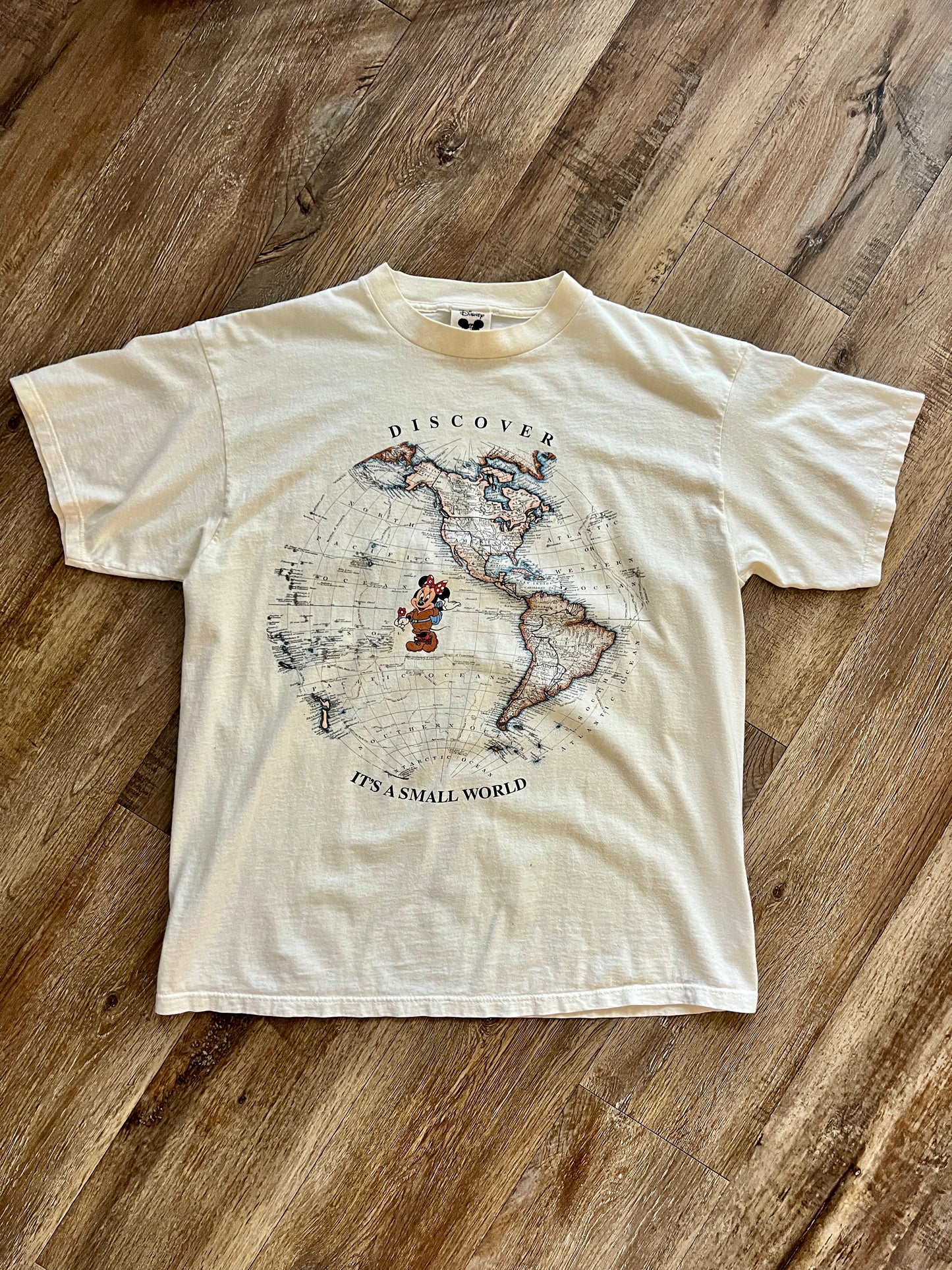 906 -White Discover it's a small world Globe Shirt - L/XL