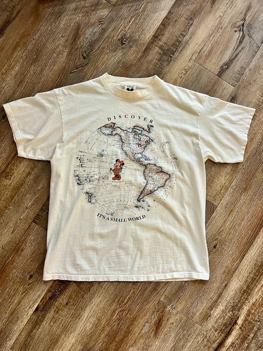 906 -White Discover it's a small world Globe Shirt - L/XL