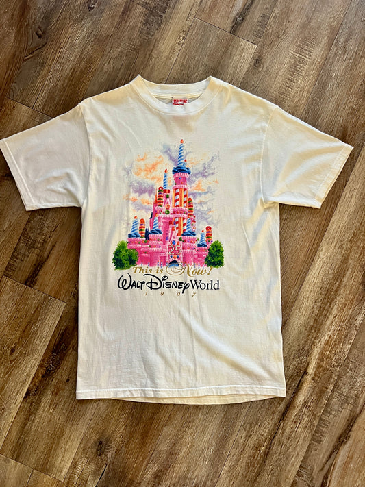 935 -White This Is Now That Was Then 25th Anniversary Cinderella Castle Shirt - L