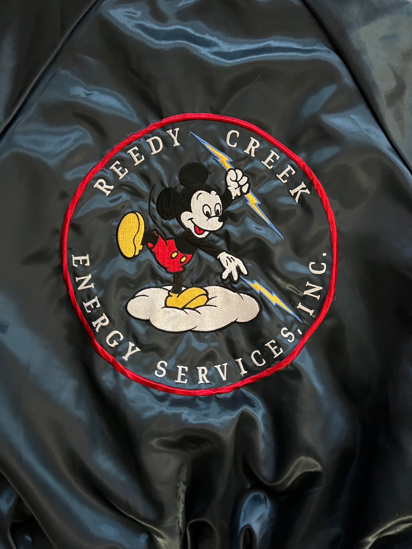 940 -Blue Satin Embroidered Reedy Creek Energy Services Bomber Jacket - L
