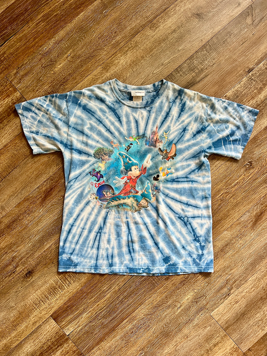 1284 - Blue & White Tie-Dye WDW Icons Sorcerer Mickey Shirt - S