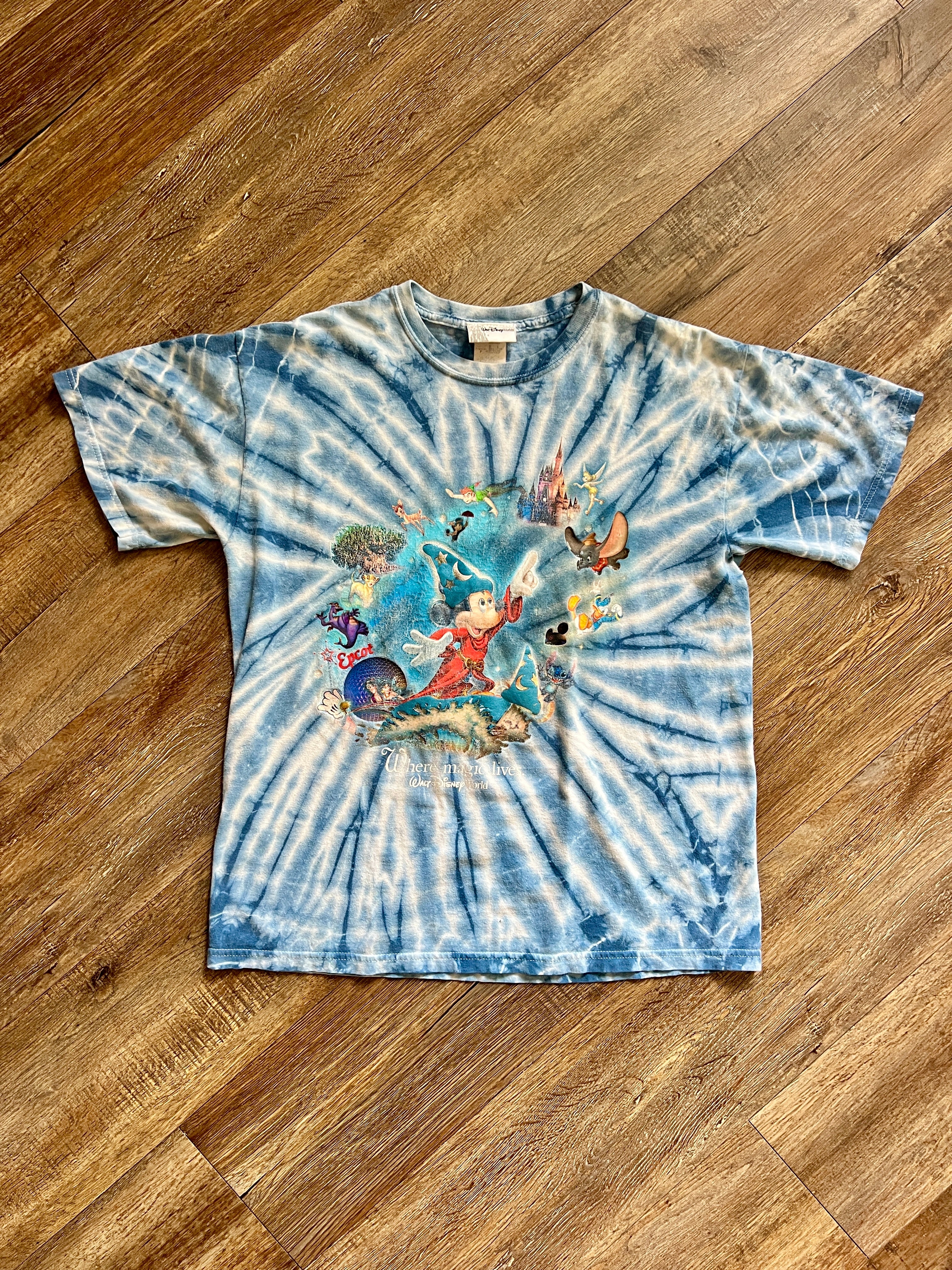 1284 - Blue & White Tie-Dye WDW Icons Sorcerer Mickey Shirt - S
