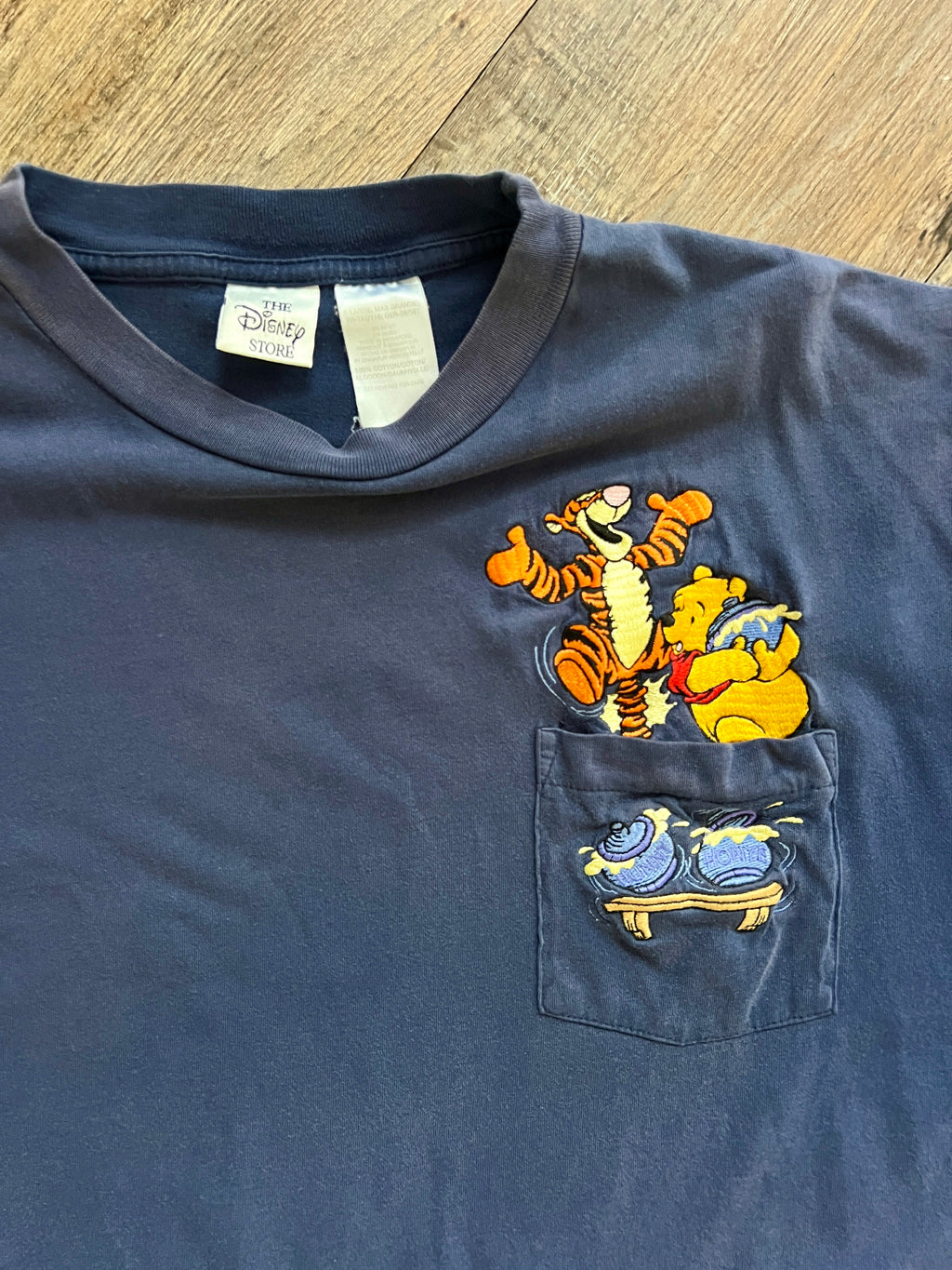1287 - Navy Embroidered Winnie the Pooh & Tigger Spilling Hunny Pots Shirt - XL