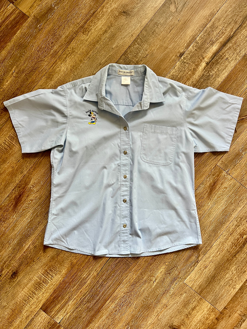 1289 - Blue Embroidered Mickey Health Services Cast Member Button Up - L