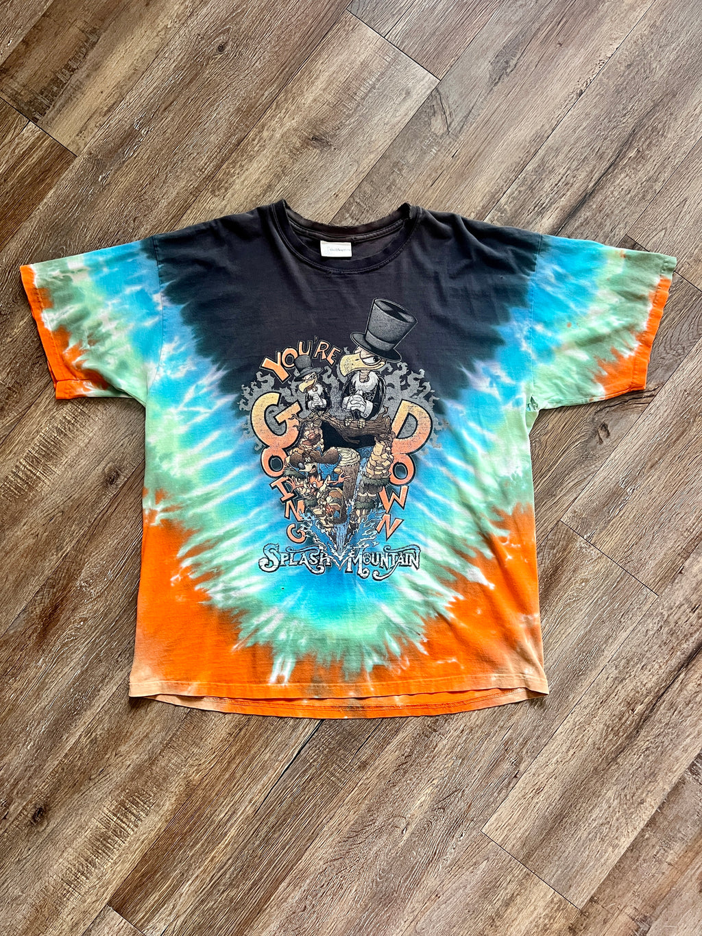 1296 - Blue & Orange Tie-Dye Splash Mountain You're Going Down Vultures Shirt - XL