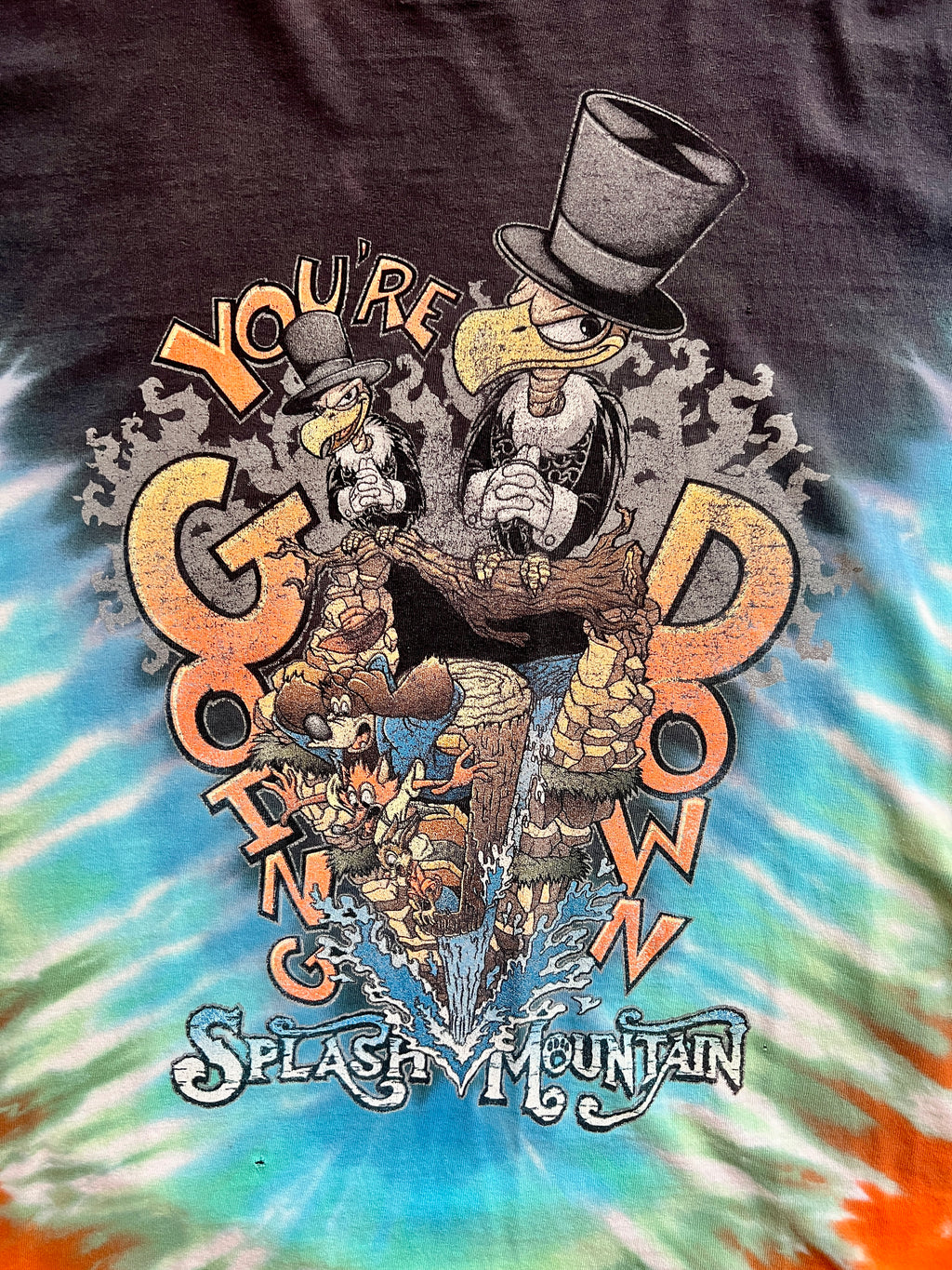1296 - Blue & Orange Tie-Dye Splash Mountain You're Going Down Vultures Shirt - XL