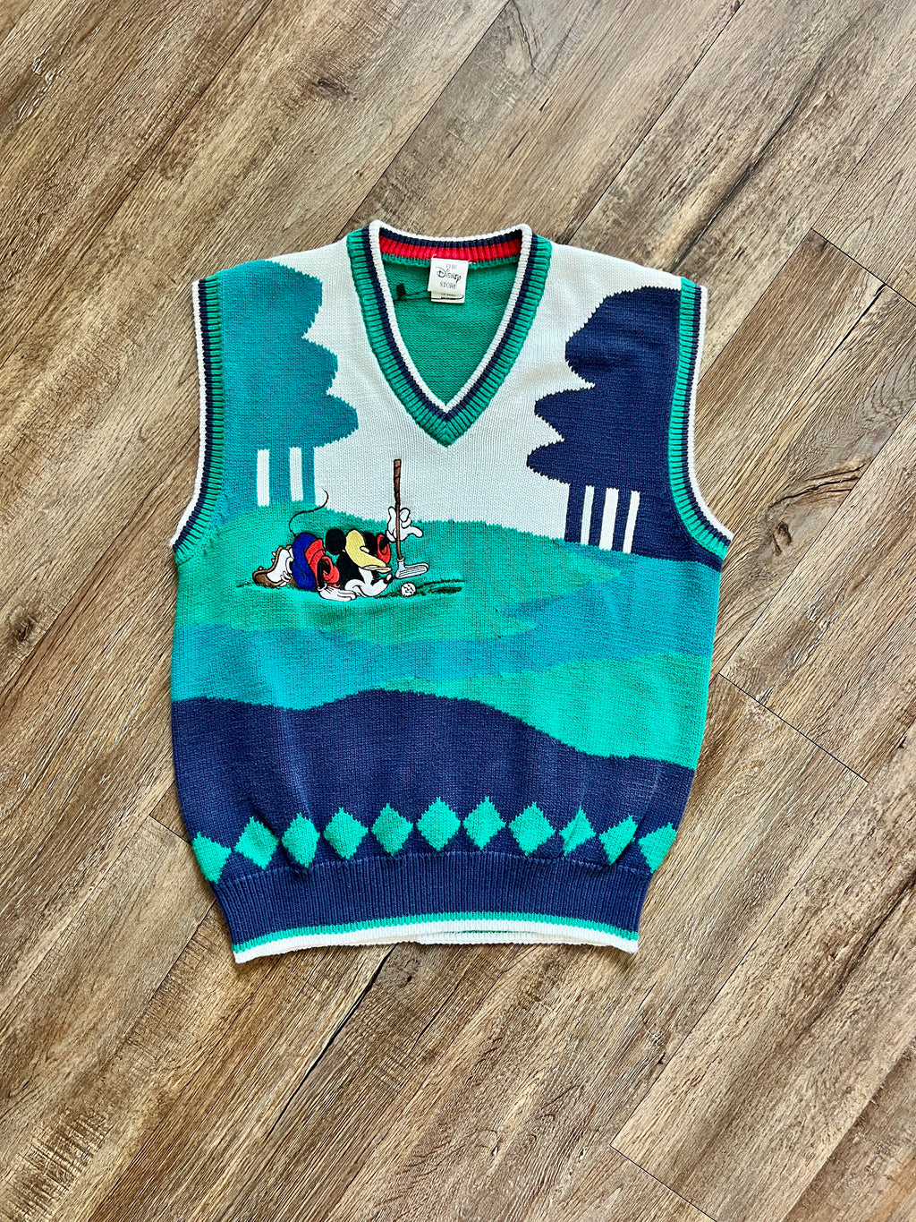 1303 - Green & Blue Embroidered The Disney Store Mickey Golf Sweater Vest - M