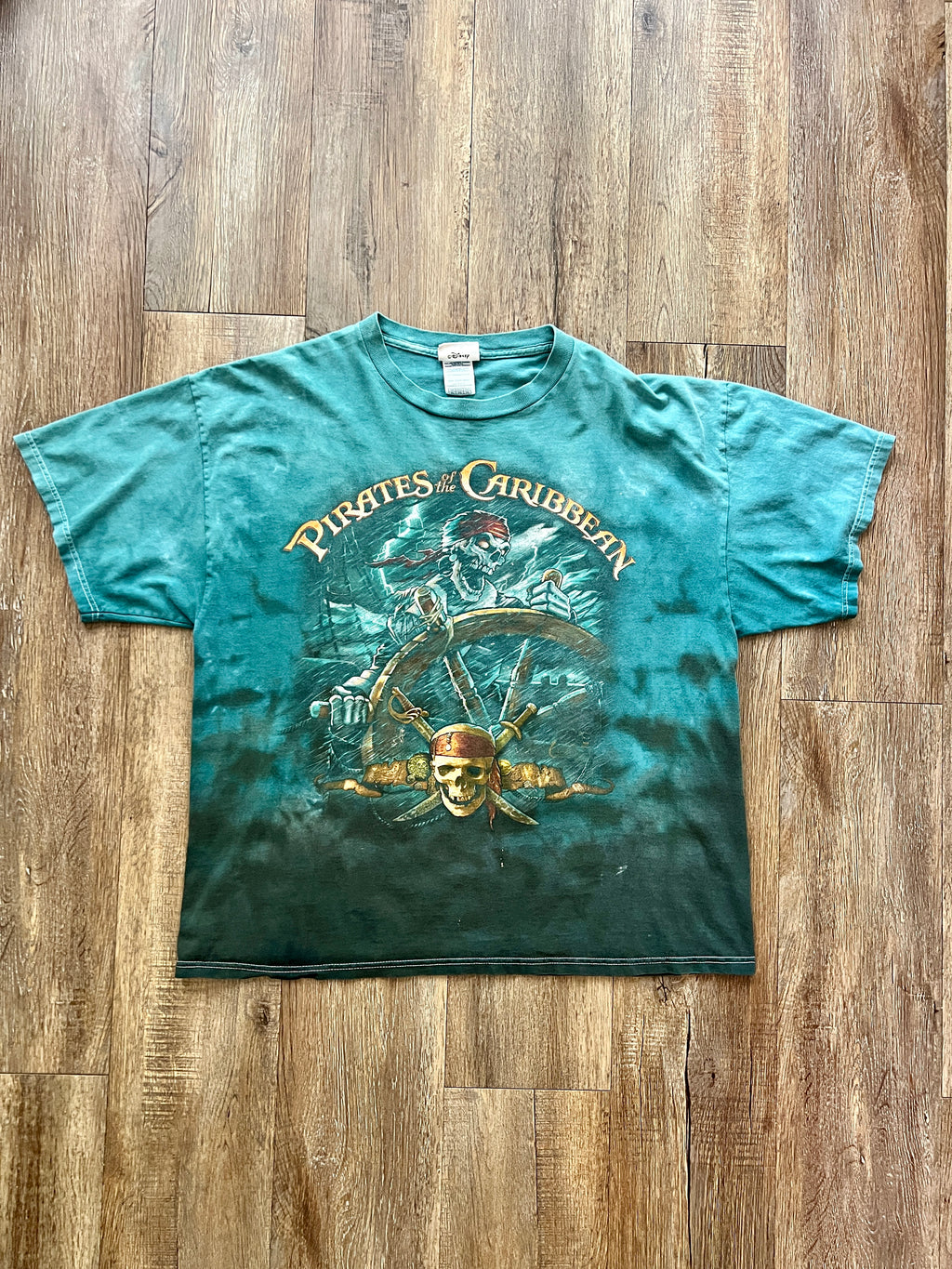 324 - Teal Tie Dye Pirates of the Caribbean Skeleton Steering Shirt - XL