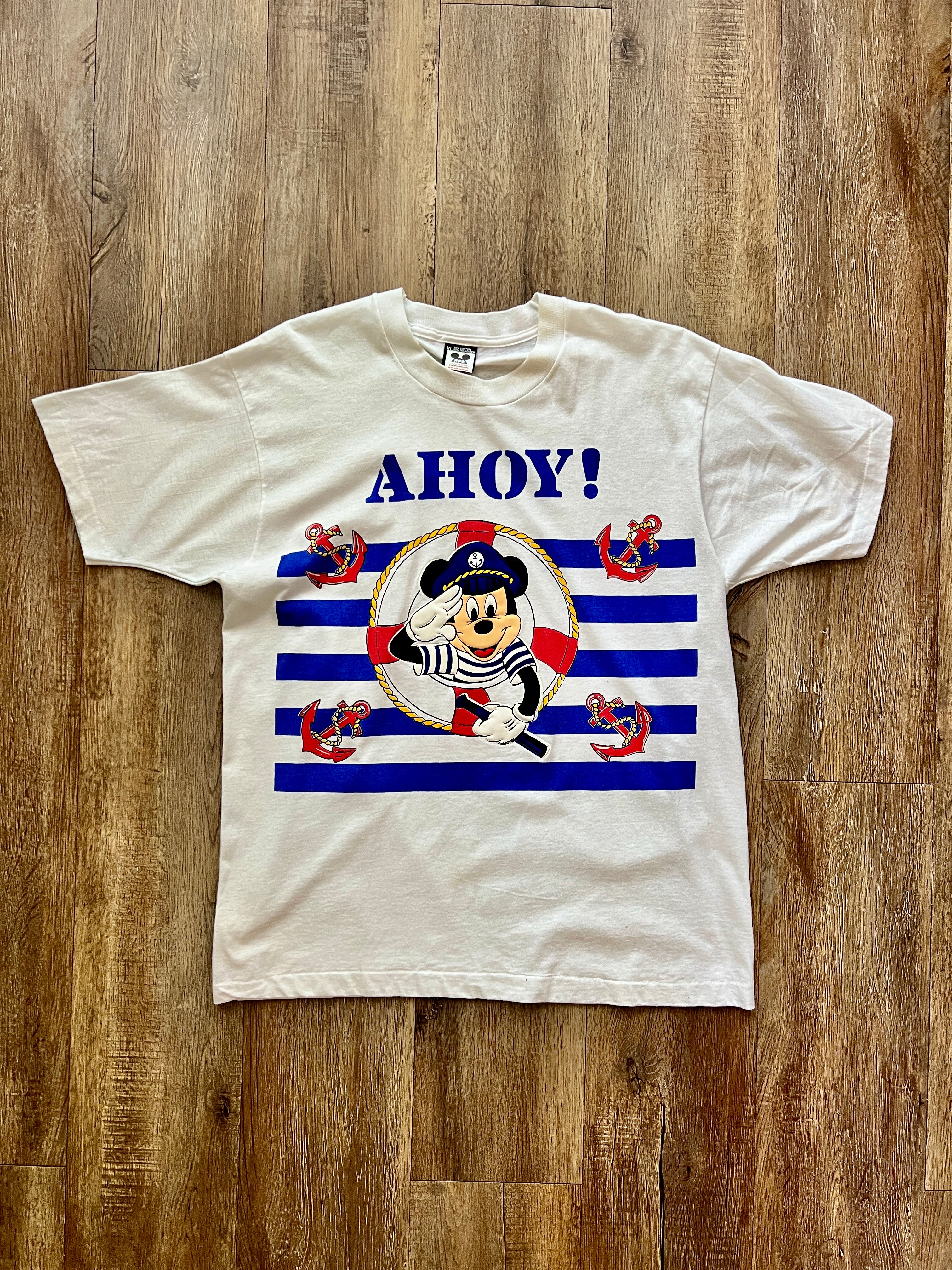 331 -White Ahoy! Mickey Blue Striped Shirt - XL