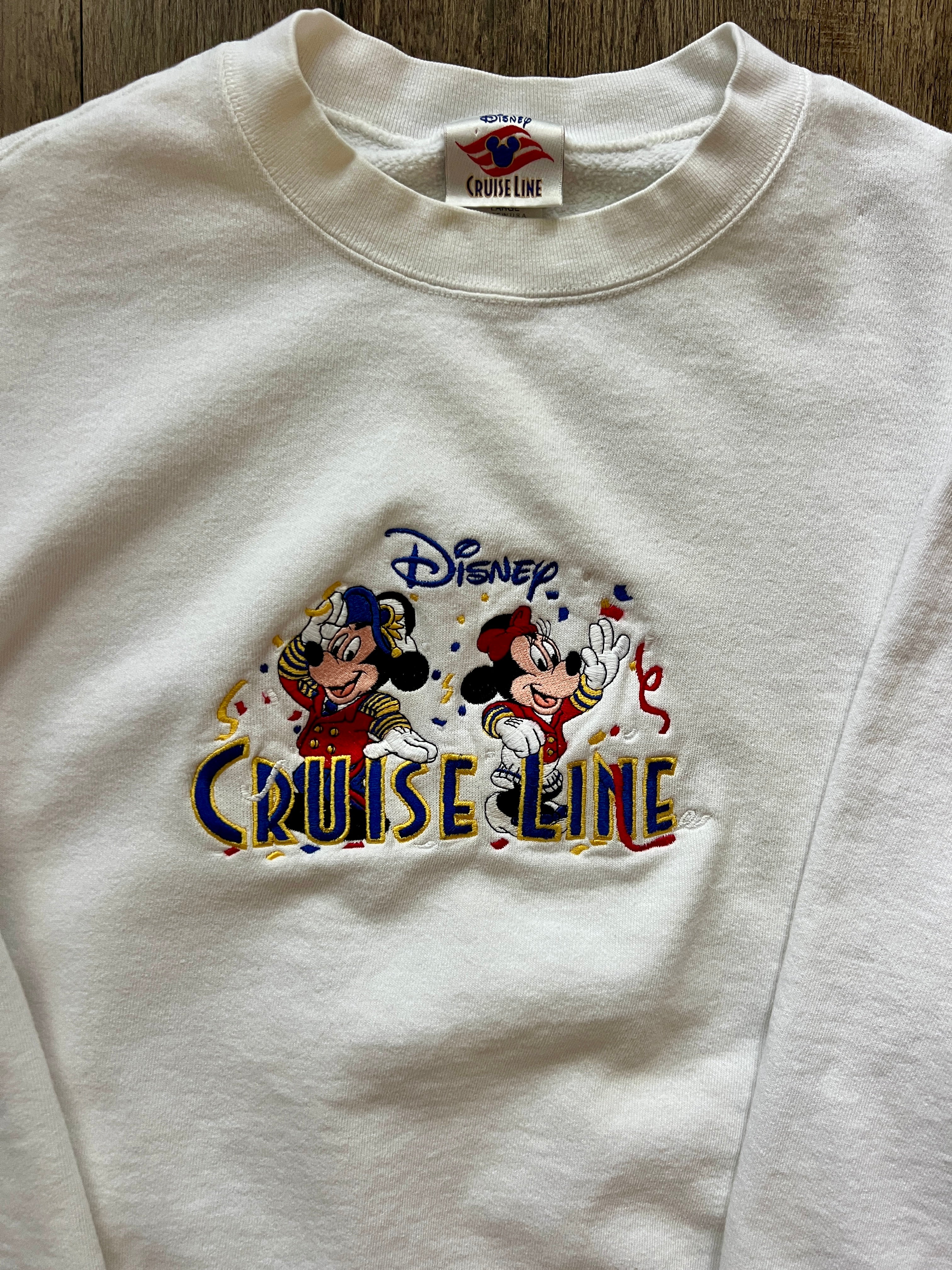 350 -White Embroidered DCL Mickey & Minnie Confetti Crewneck - L