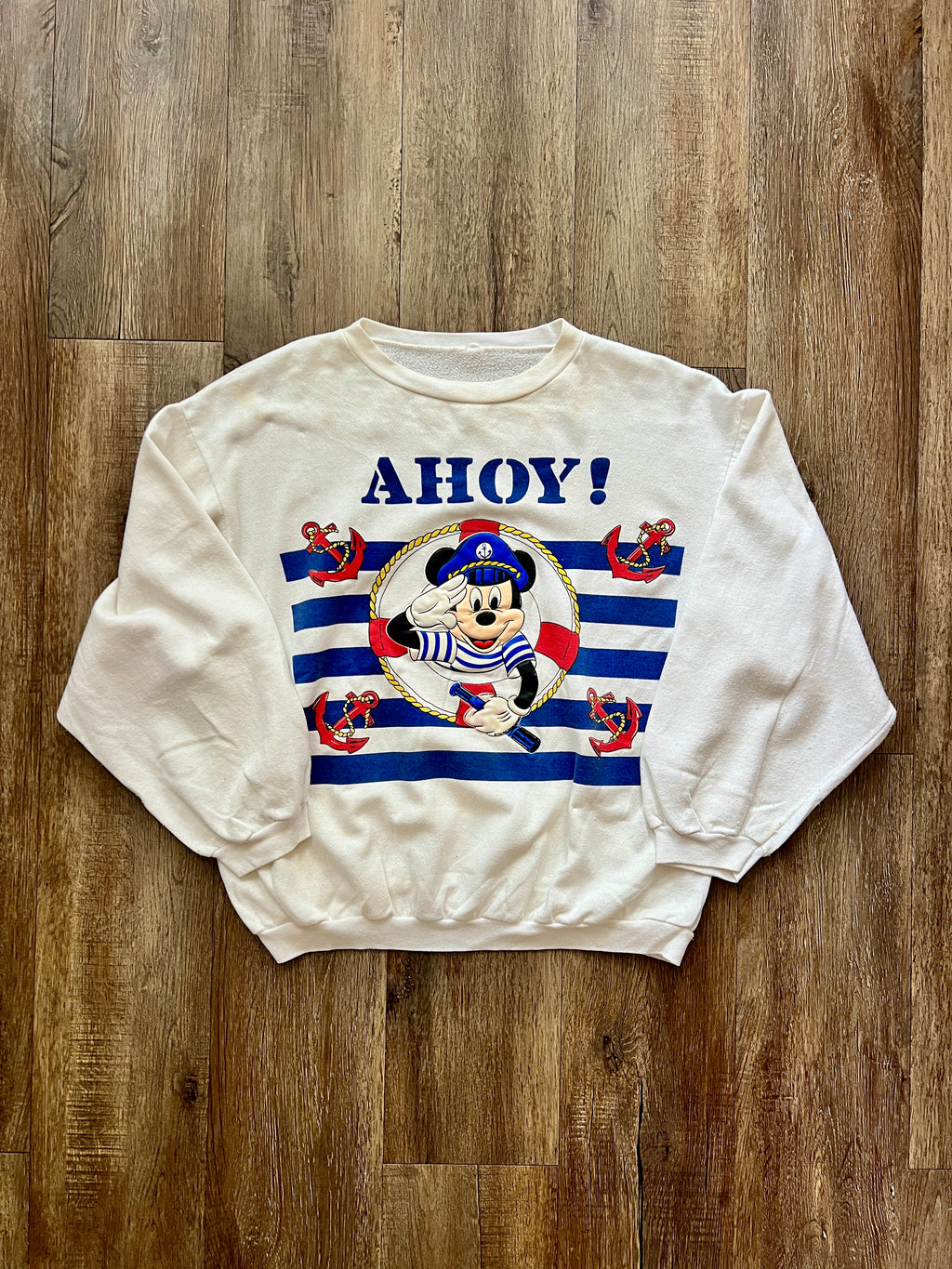332 -White Ahoy! Mickey Blue Striped Crewneck - L
