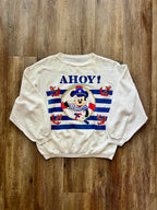 332 -White Ahoy! Mickey Blue Striped Crewneck - L