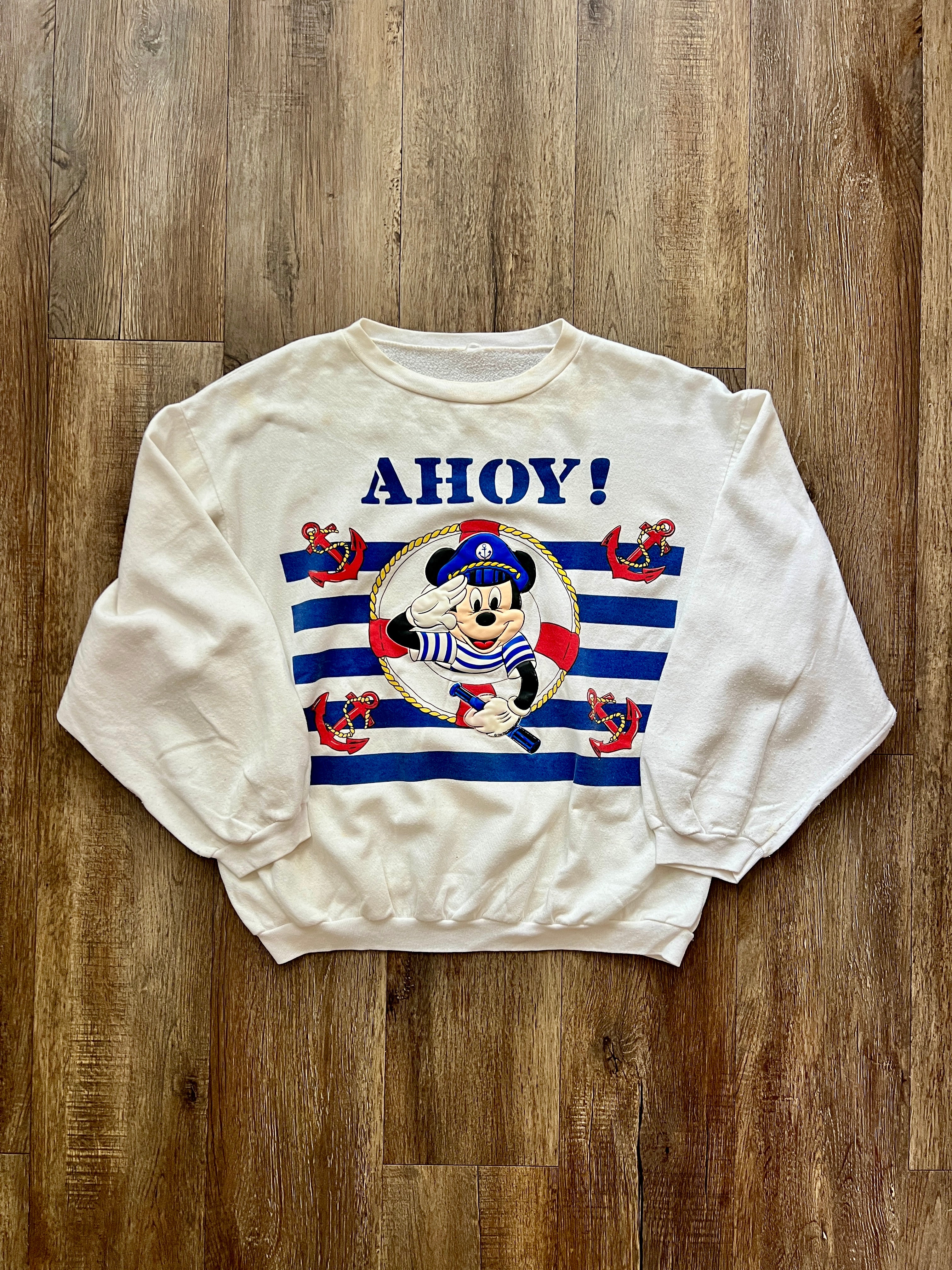 332 -White Ahoy! Mickey Blue Striped Crewneck - L
