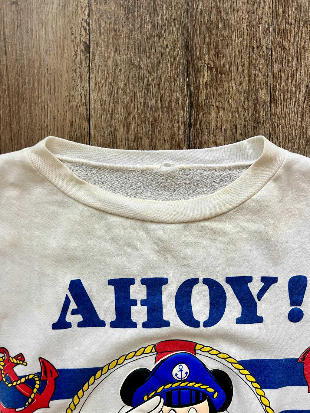 332 -White Ahoy! Mickey Blue Striped Crewneck - L