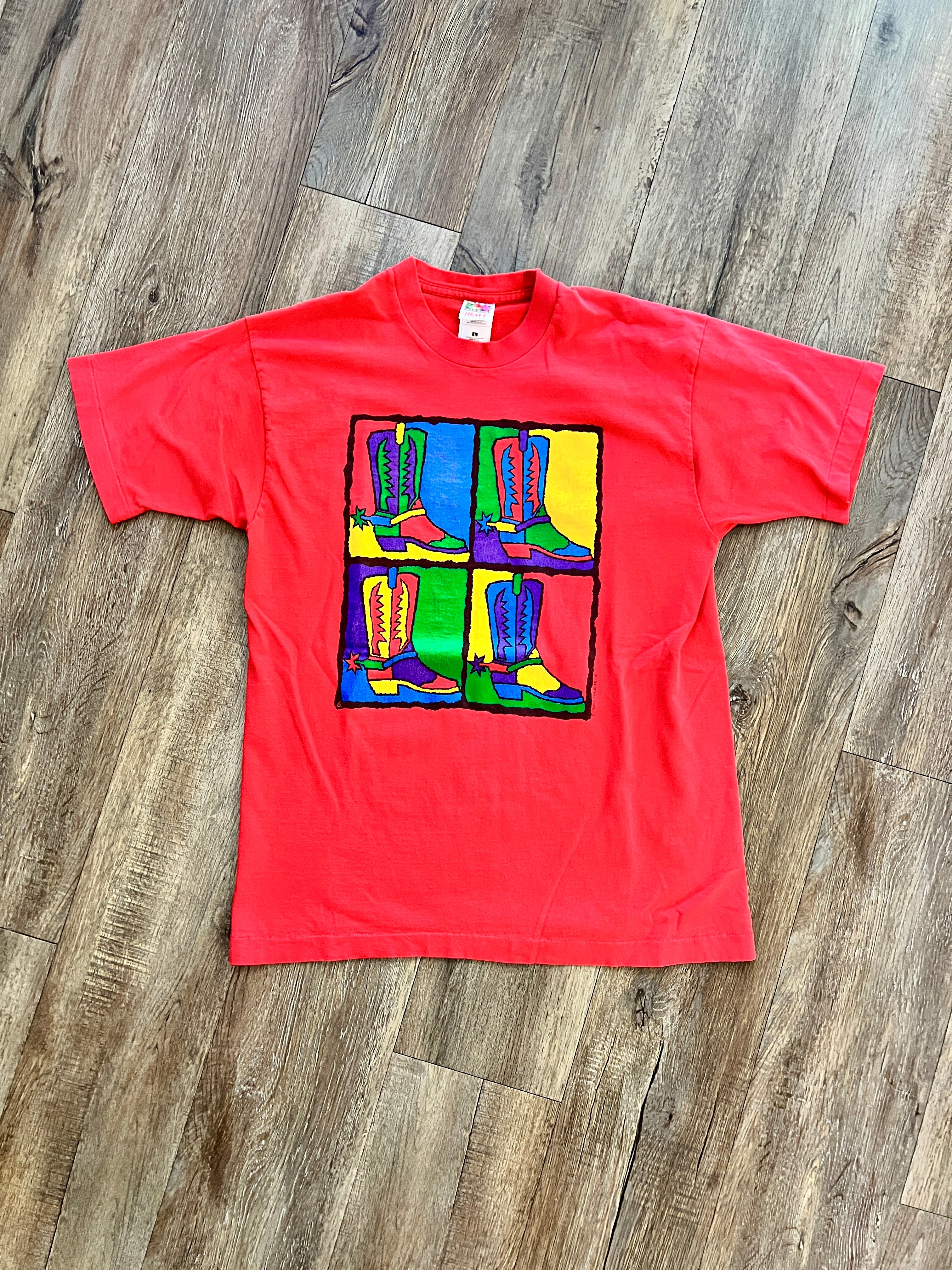 1360 - Red Multi Color Cowboy Boots Shirt - L