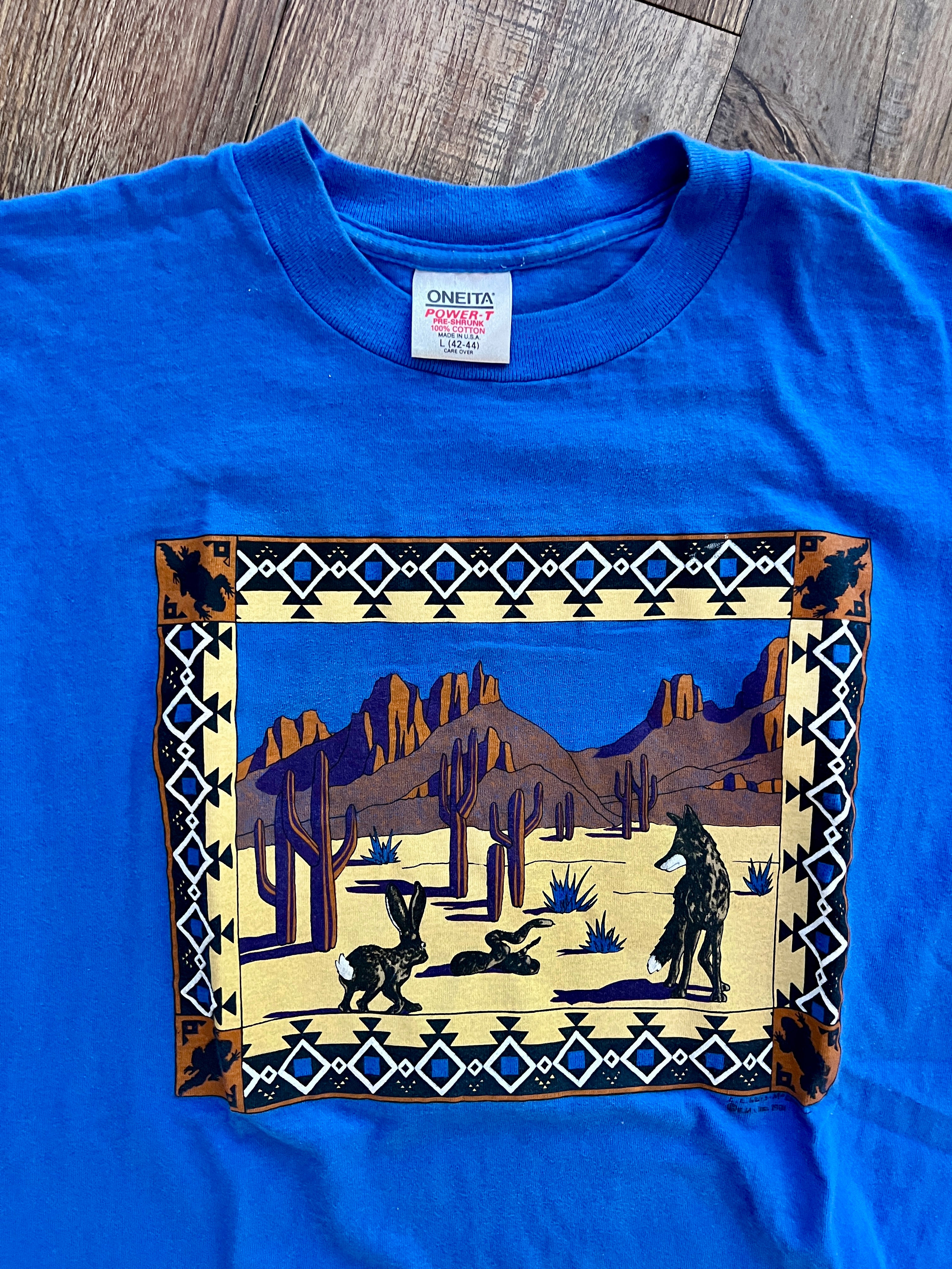 1361 - Blue Oneita Coyote & Jackalope Desert Scene Shirt - L