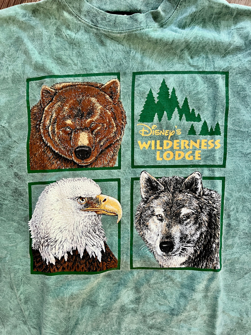 1369 - Green Tie-Dye Wilderness Lodge 4 Square Animal Logo Shirt - OSFA