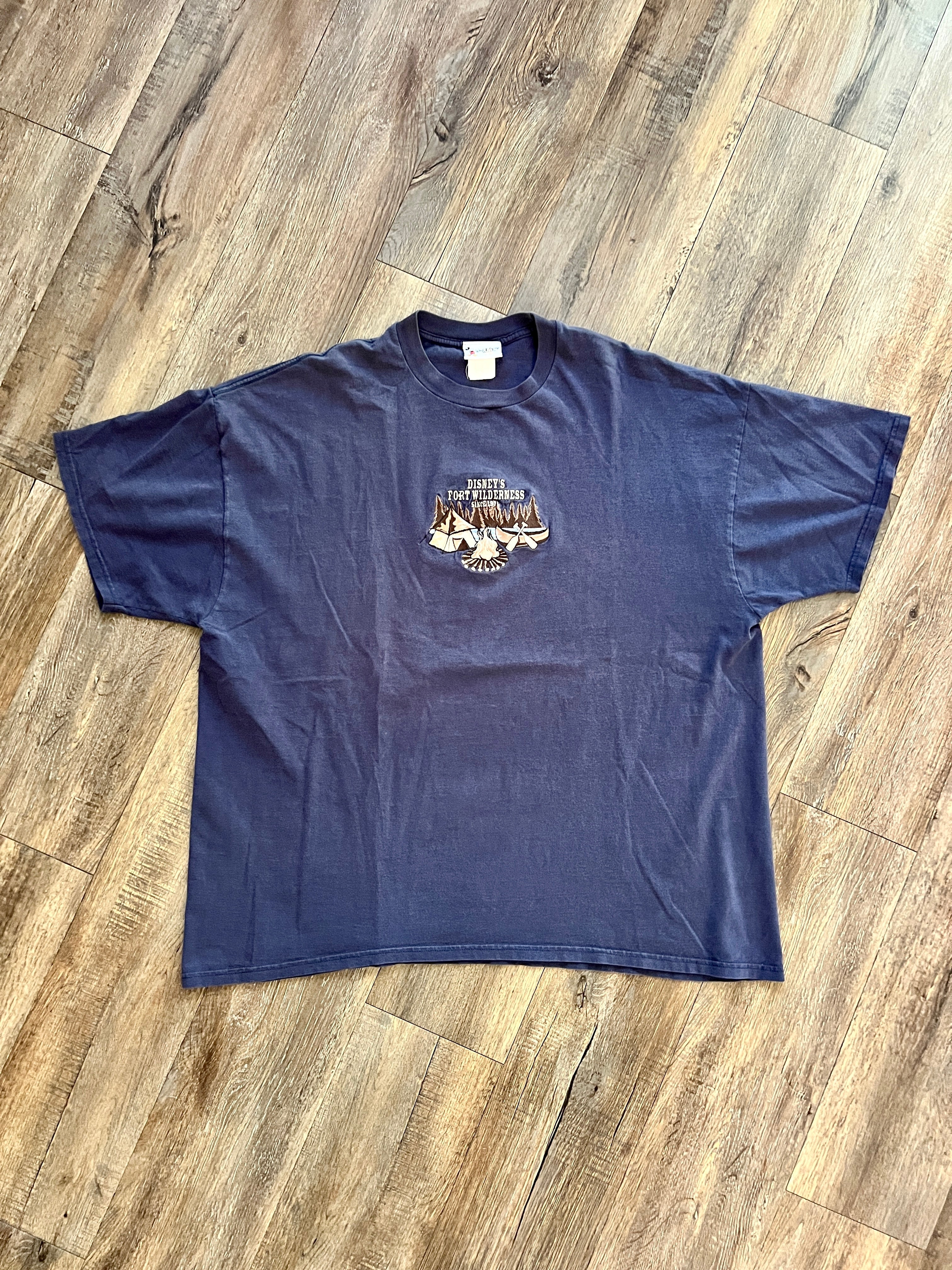 1370 - Navy Embroidered Fort Wilderness Canoe & Tent Campfire Shirt - 2XL