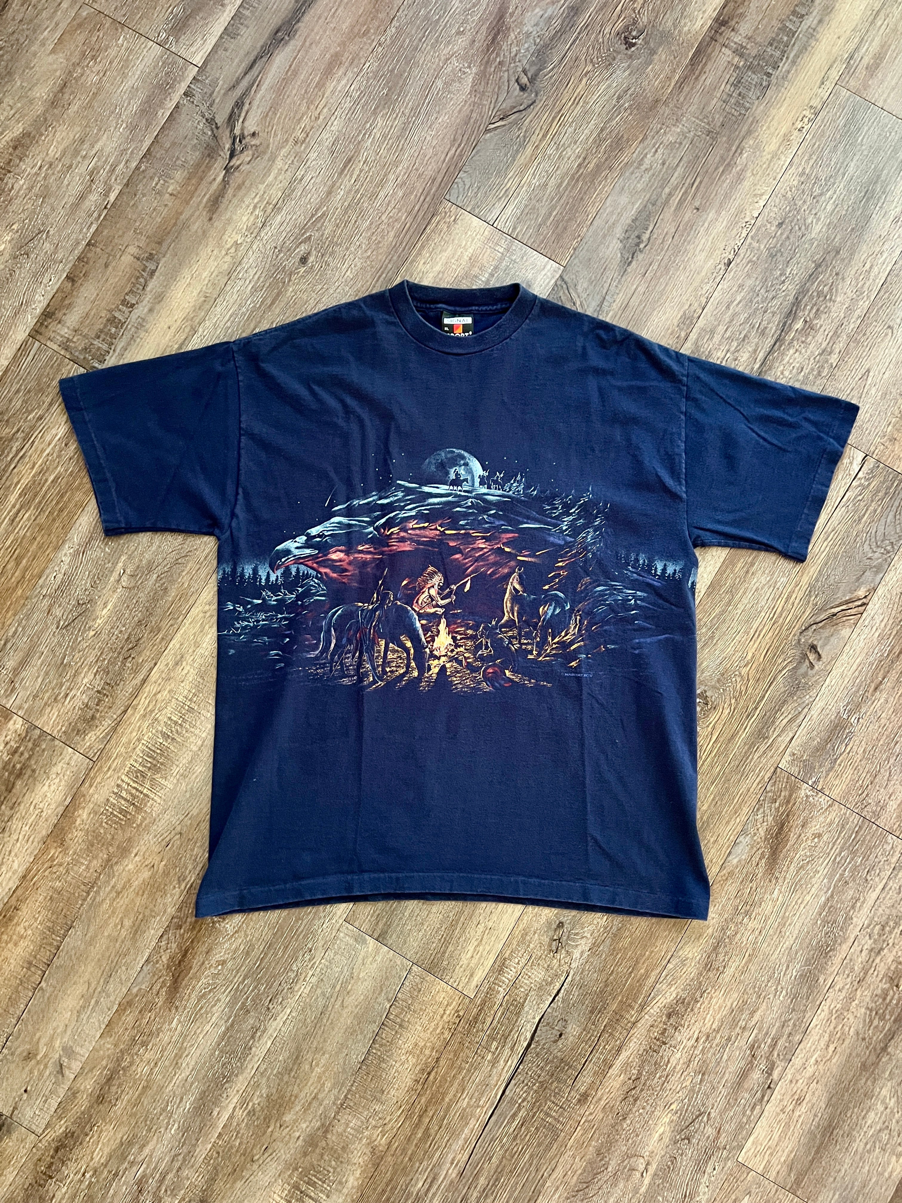 1371 - Black Signal Sport Native American Campfire Eagle Scene Shirt - XL