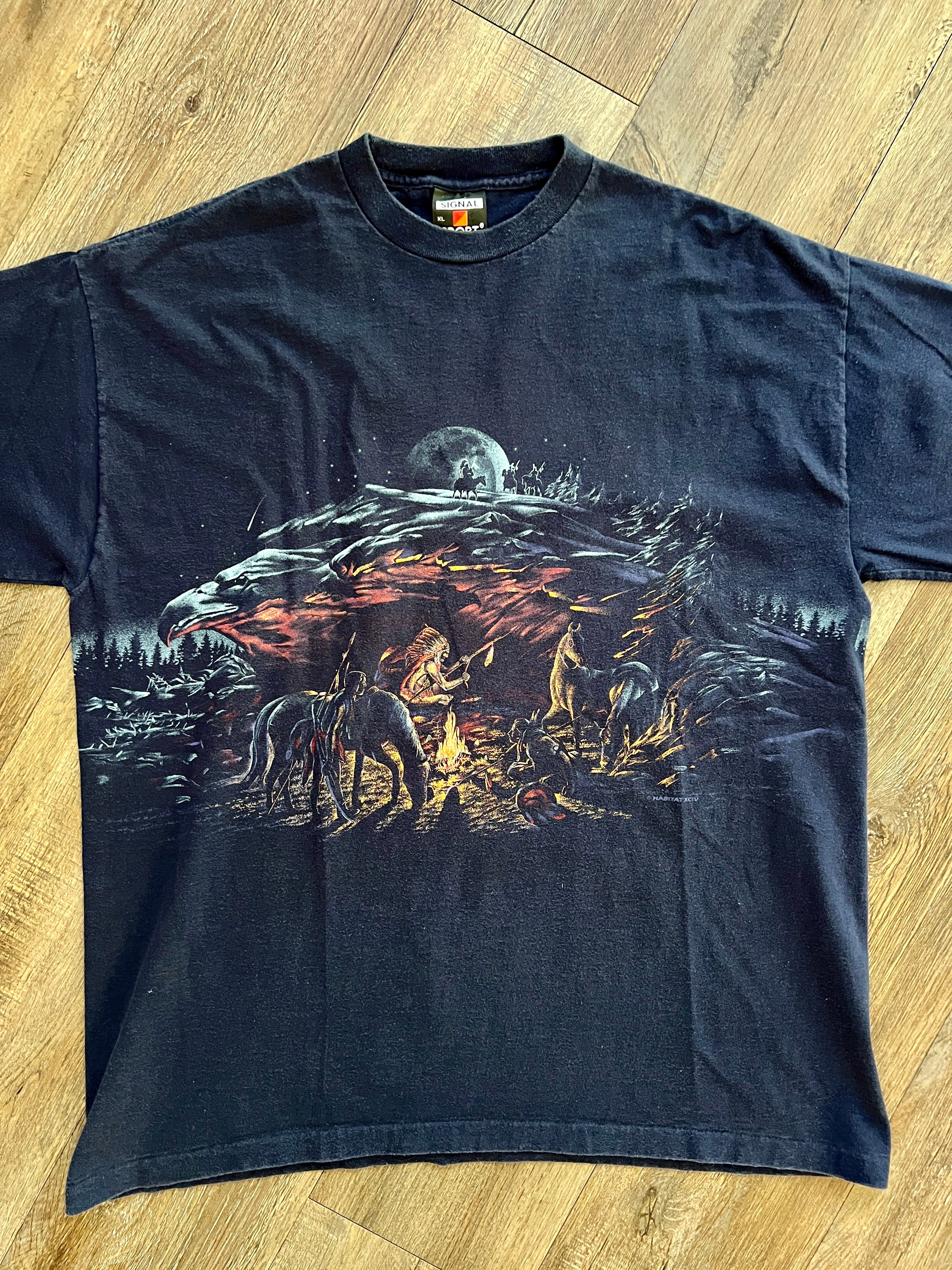 1371 - Black Signal Sport Native American Campfire Eagle Scene Shirt - XL