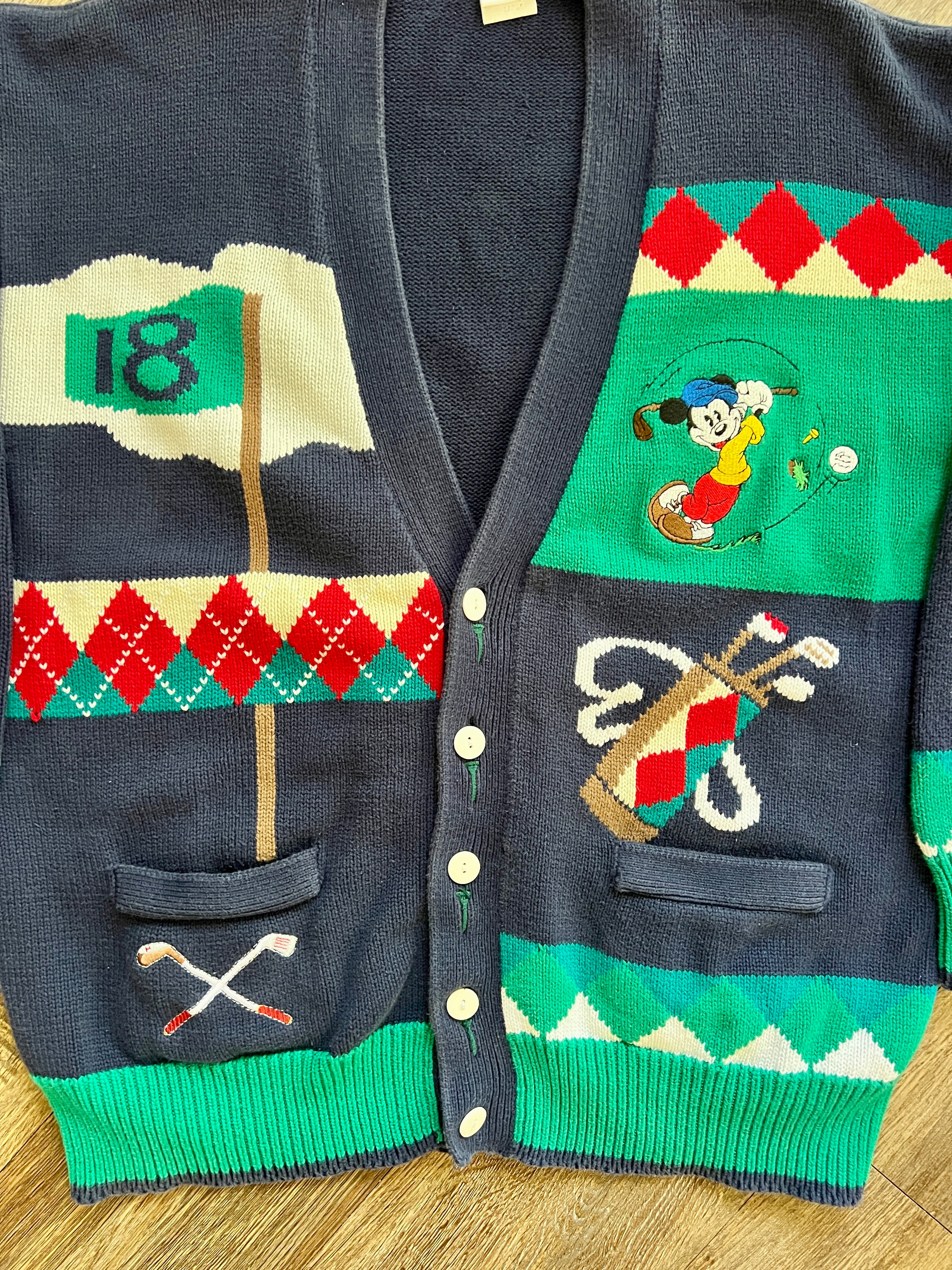 1344 - Navy & Green Embroidered Mickey Golf Cardigan - XL