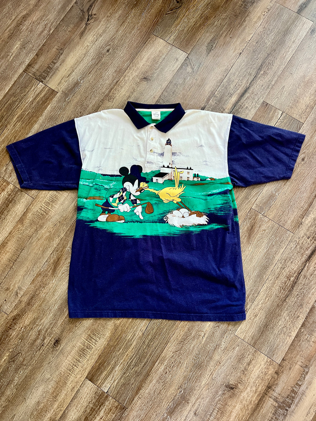 1345 - Navy & White AOP Mickey & Chicken Golf Face Off Polo - 2XL