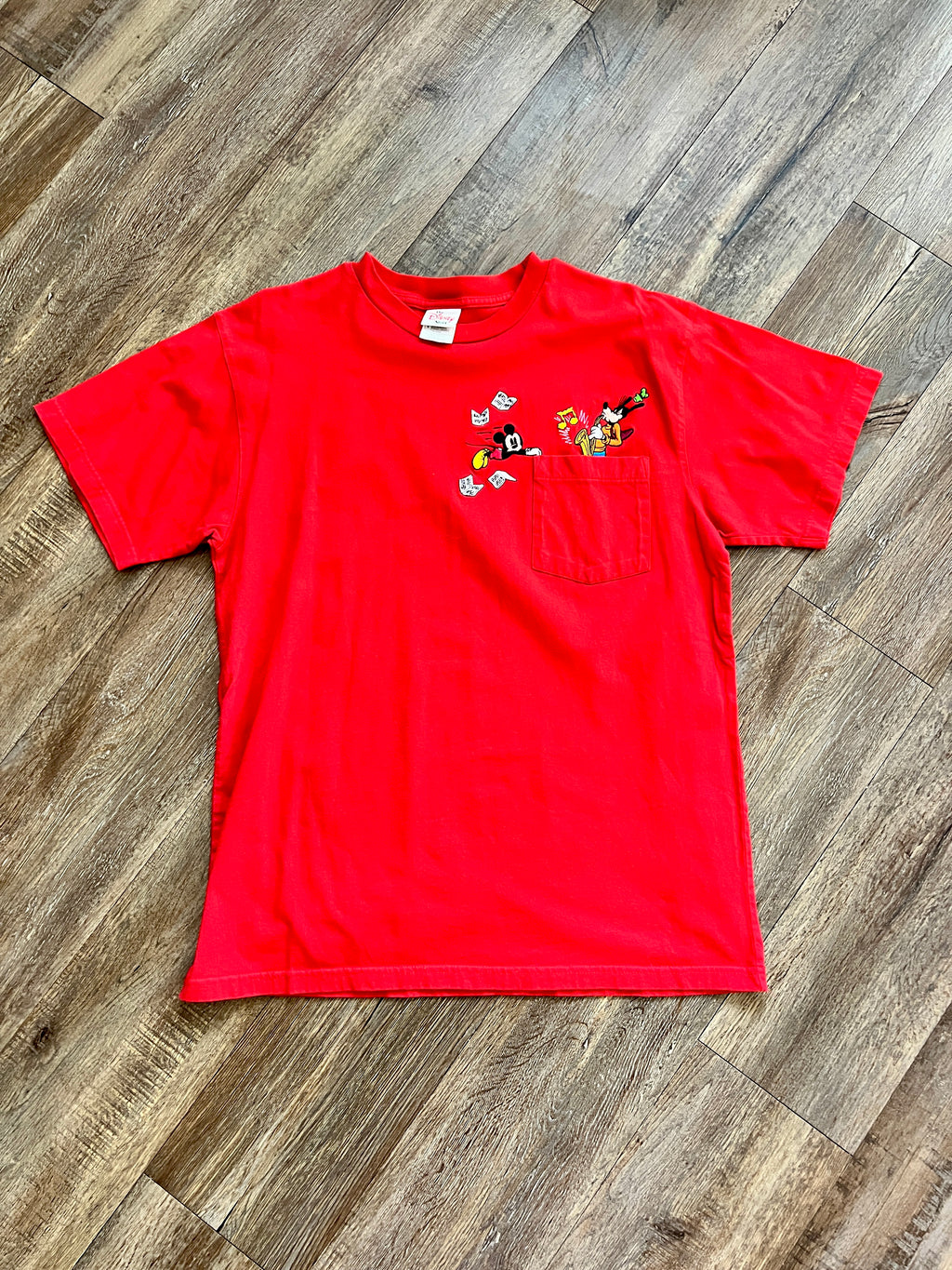 1350 - Red Embroidered Mickey & Goofy Saxophone Pocket Shirt - L