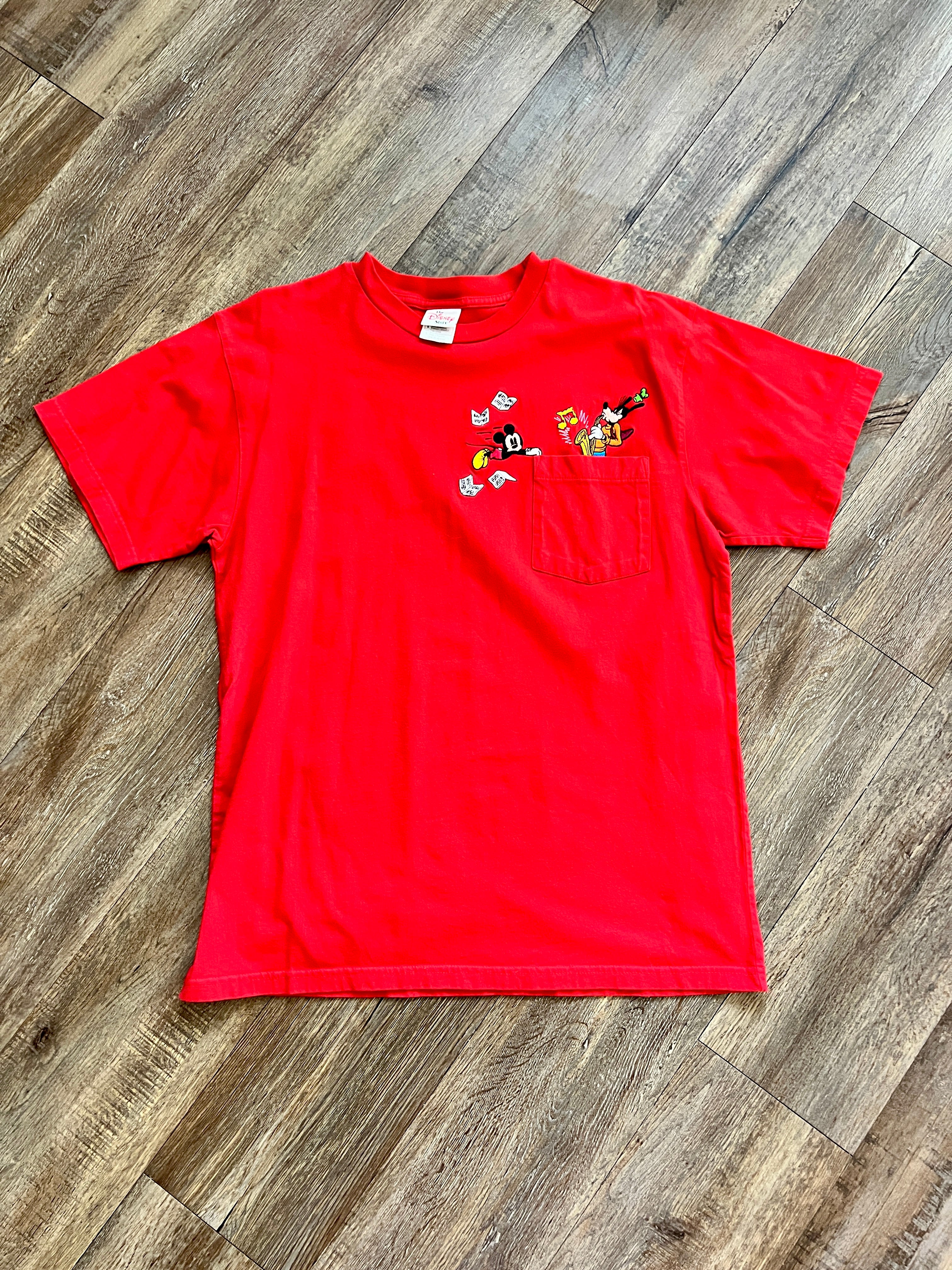 1350 - Red Embroidered Mickey & Goofy Saxophone Pocket Shirt - L
