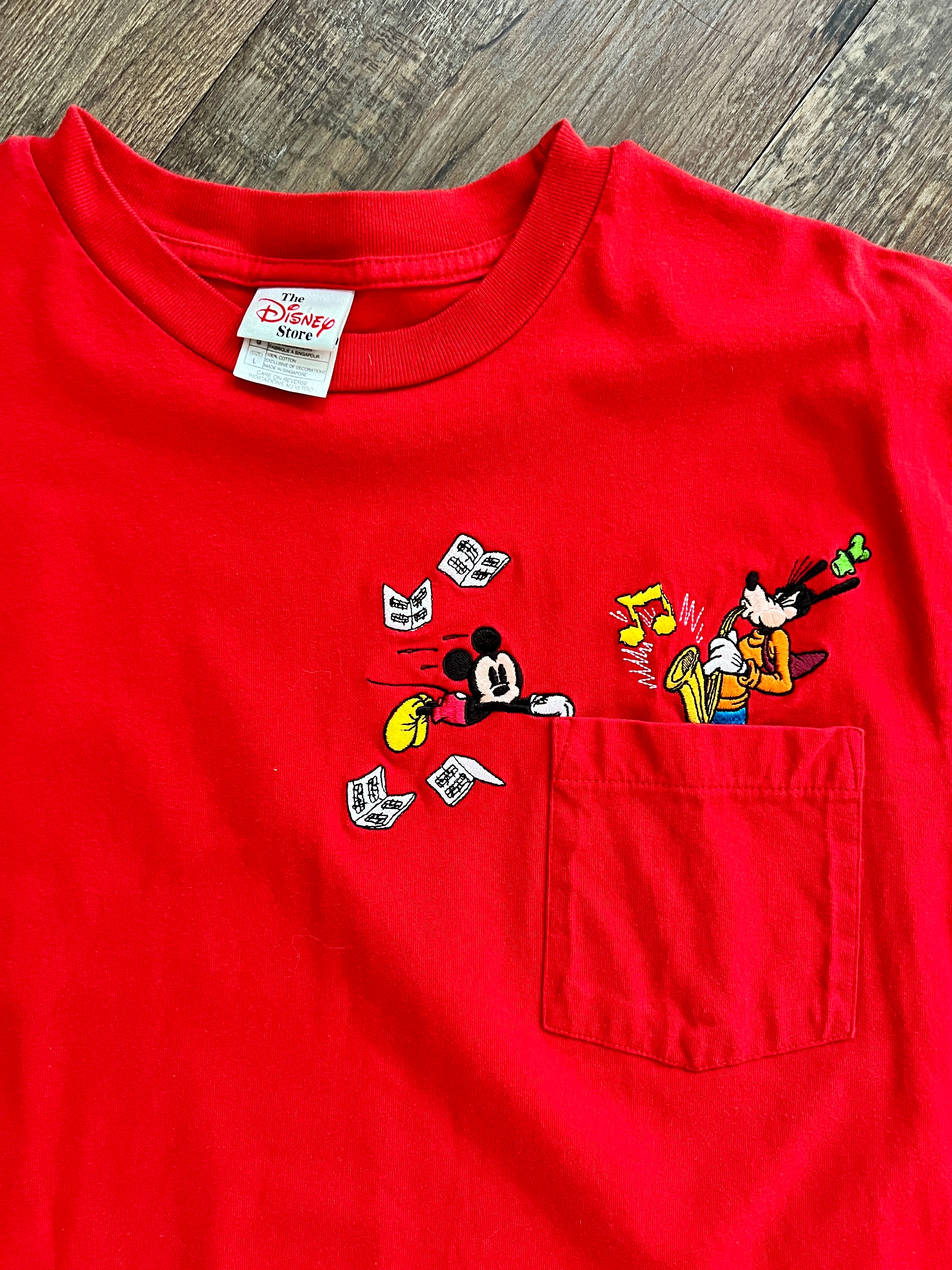 1350 - Red Embroidered Mickey & Goofy Saxophone Pocket Shirt - L