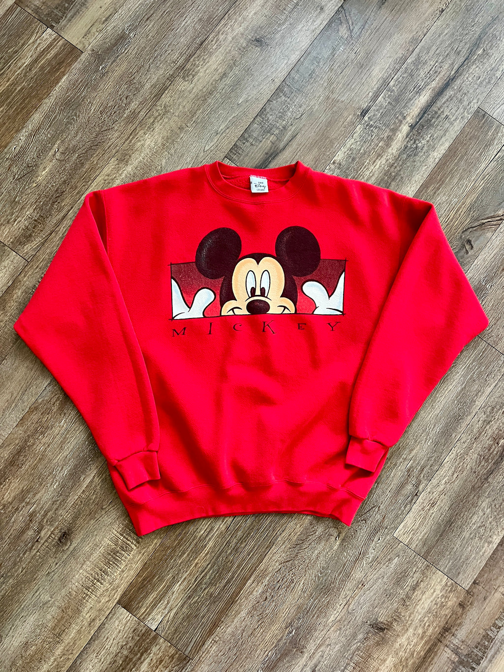 1352 - Red Peeking Mickey Hands Box Letter Crewneck - XL