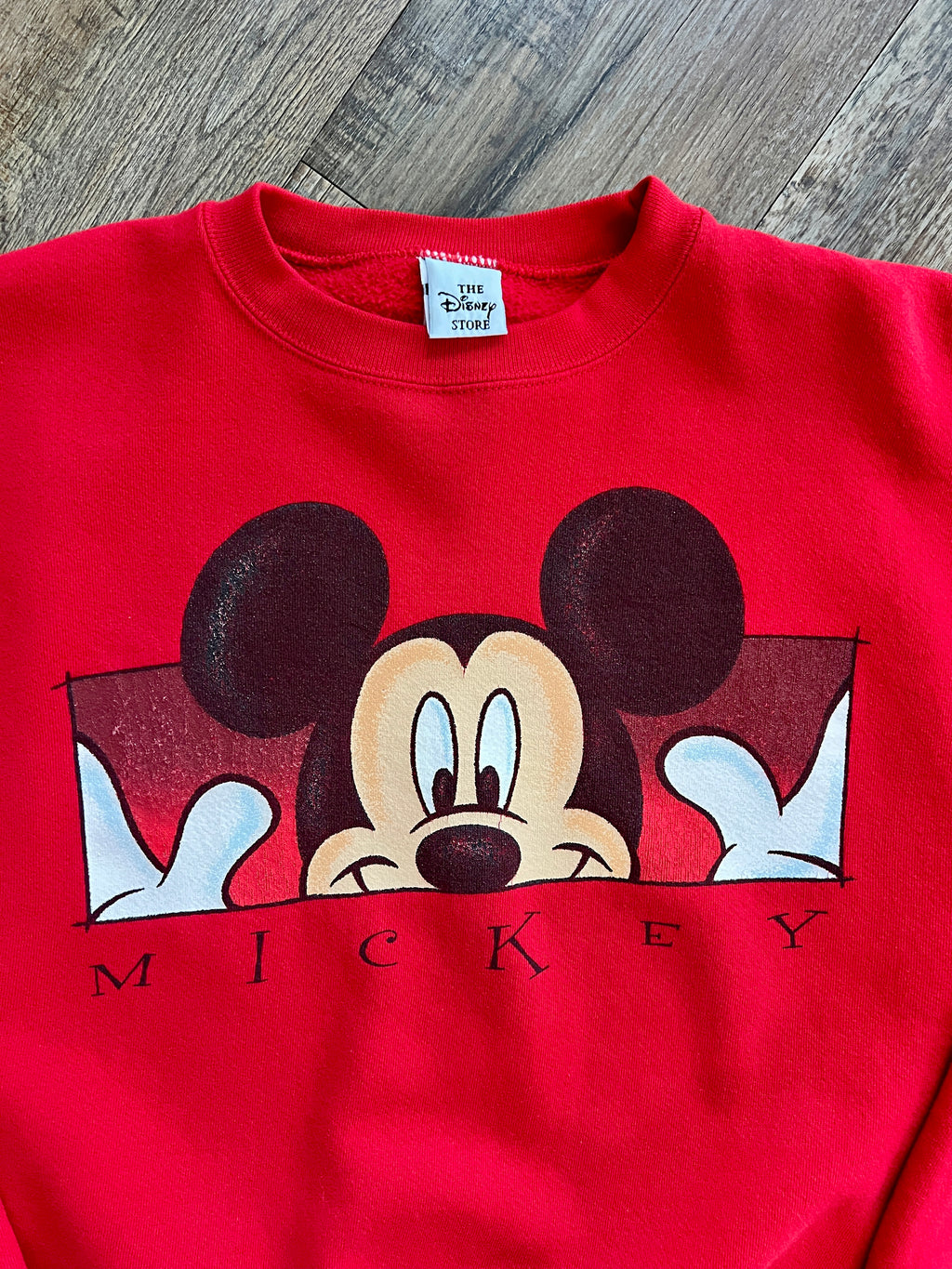 1352 - Red Peeking Mickey Hands Box Letter Crewneck - XL