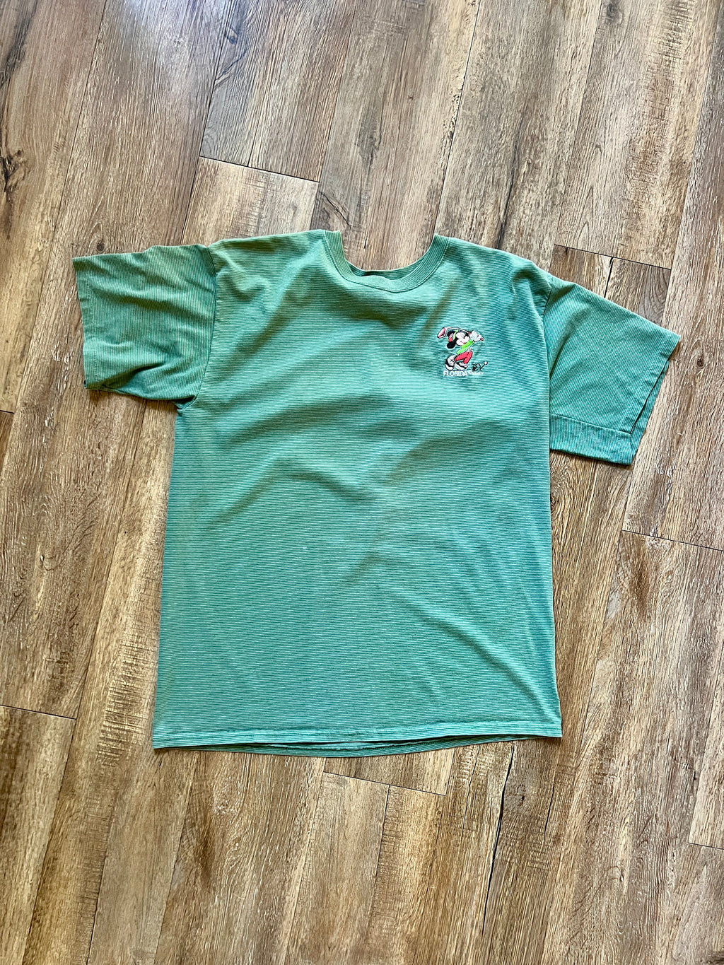 979 -Green Single Stitch Embroidered Golfing Mickey Velva Sheen Shirt - XL