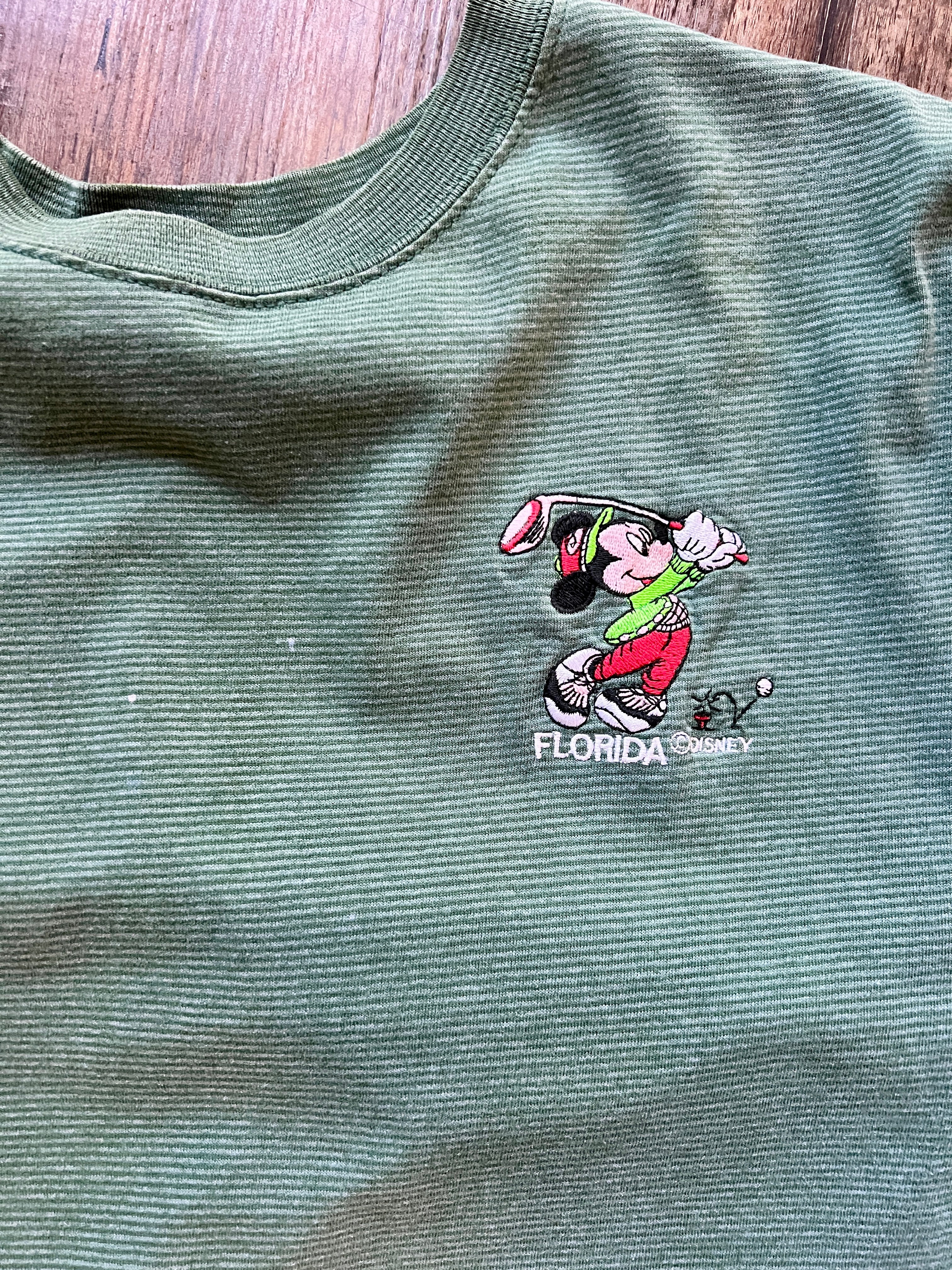 979 -Green Single Stitch Embroidered Golfing Mickey Velva Sheen Shirt - XL