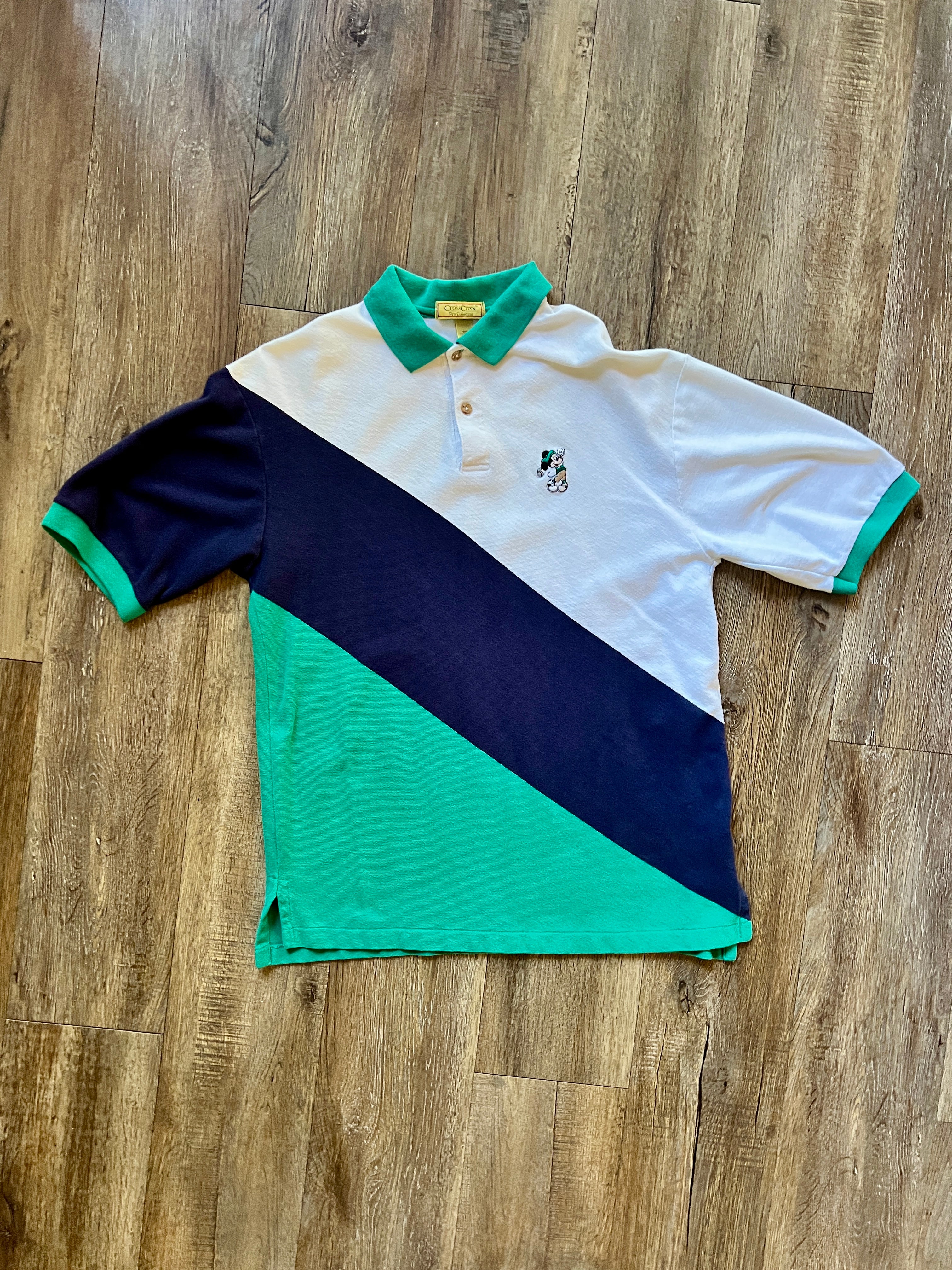 984 -White, Blue, & Green Diagonal Stripe Colorblock Cross Creek Embroidered Golfing Mickey Polo - L